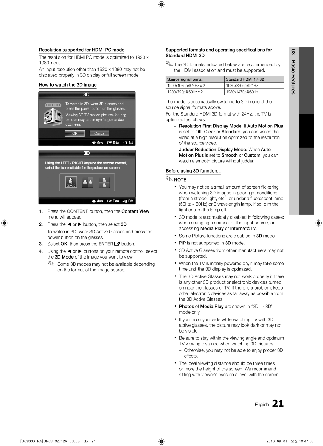 Samsung BN68-02712A-06 user manual How to watch the 3D image, Otherwise, you may not be able to enjoy proper 3D effects 