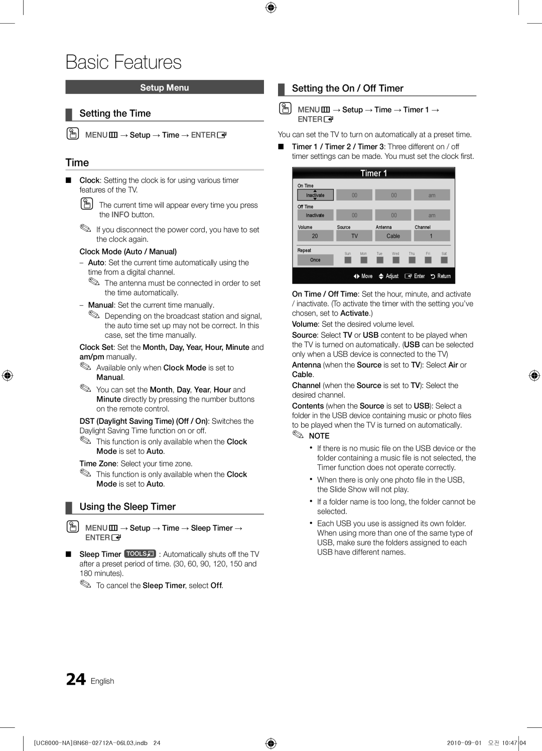 Samsung BN68-02712A-06 user manual Setting the Time, Using the Sleep Timer, Setting the On / Off Timer 