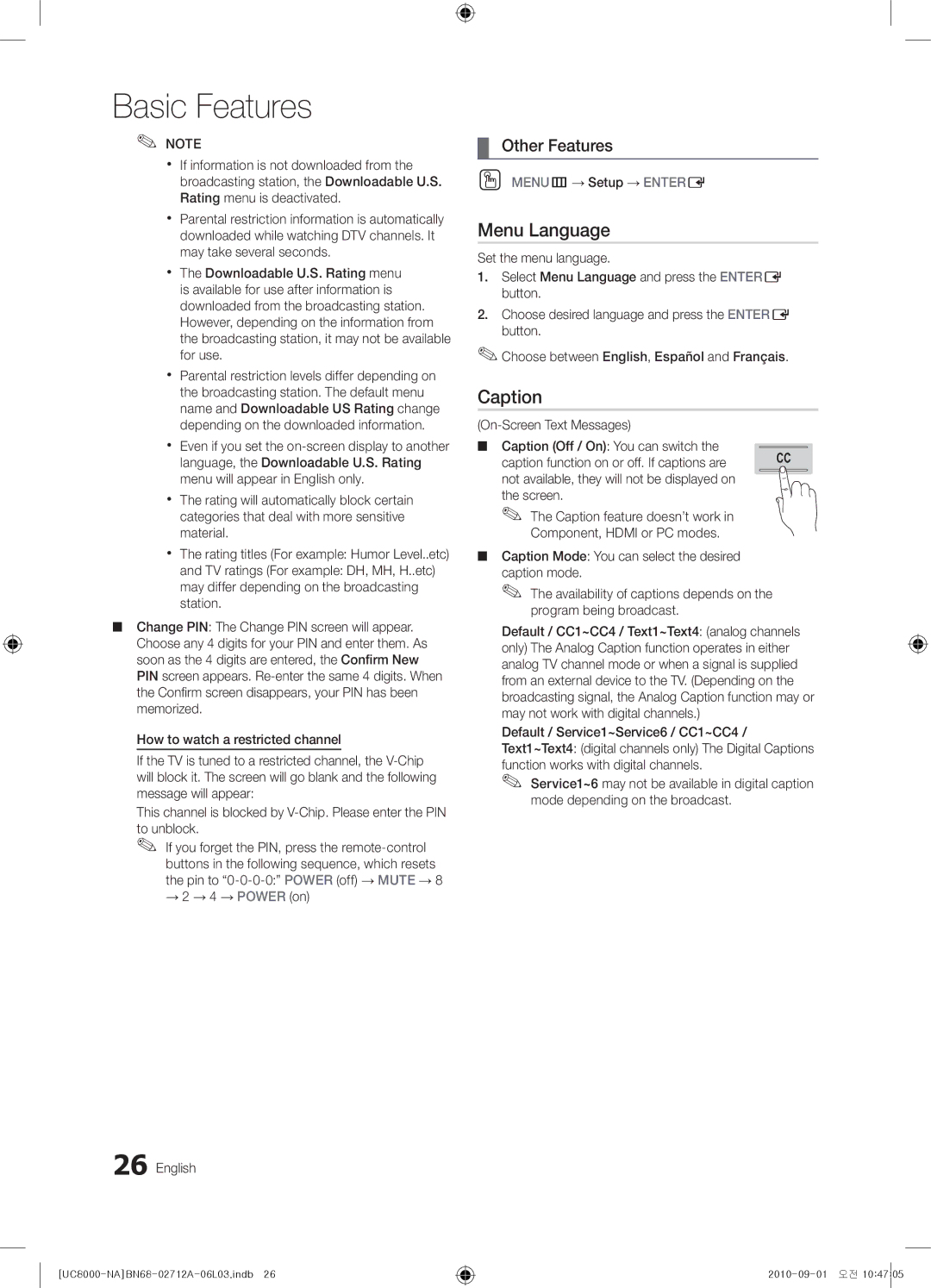 Samsung BN68-02712A-06 user manual Menu Language, Caption, → 2 → 4 → Power on English, OO MENUm→ Setup → Entere 