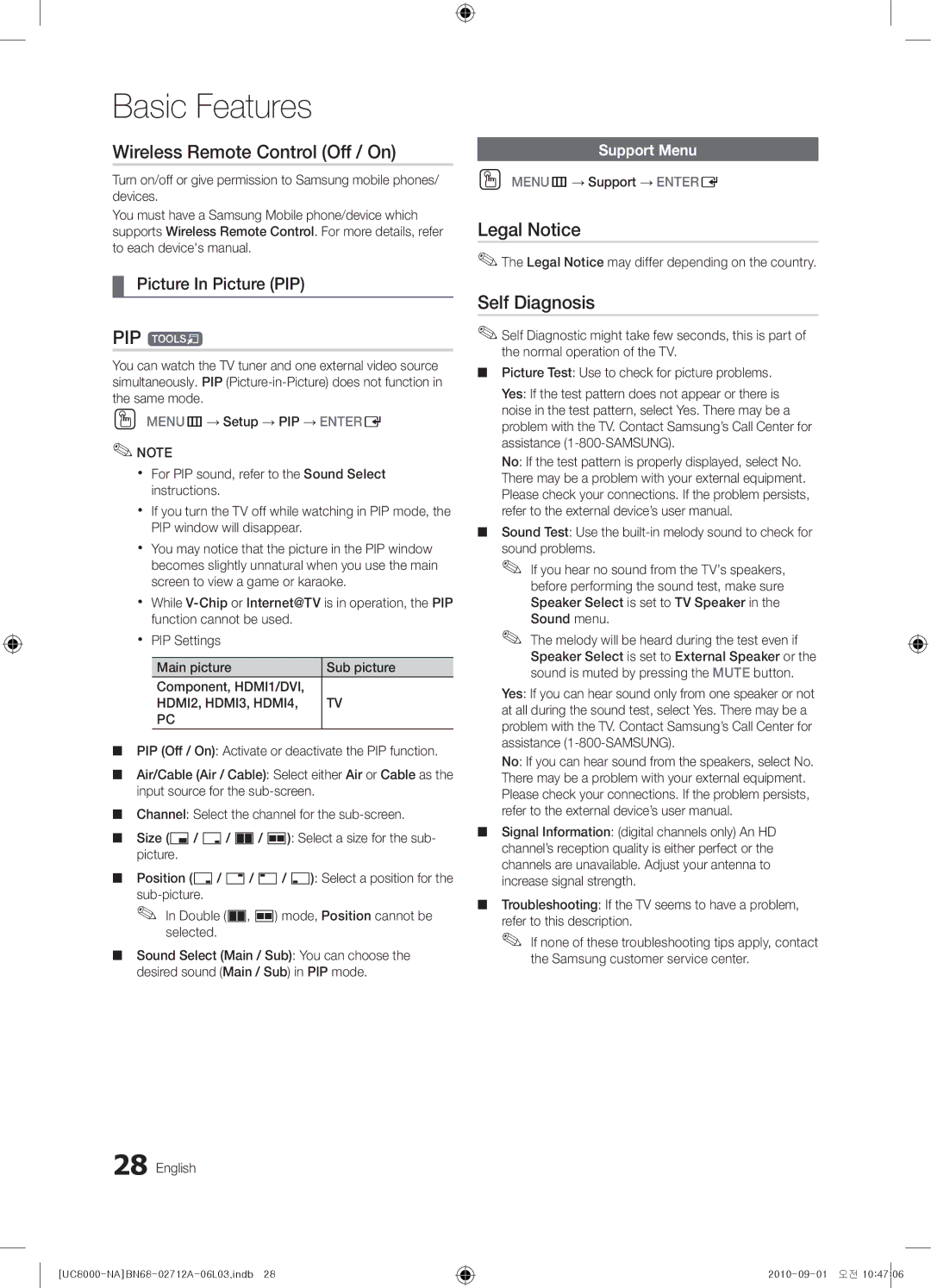 Samsung BN68-02712A-06 Wireless Remote Control Off / On, PIP t, Legal Notice, Self Diagnosis, Picture In Picture PIP 