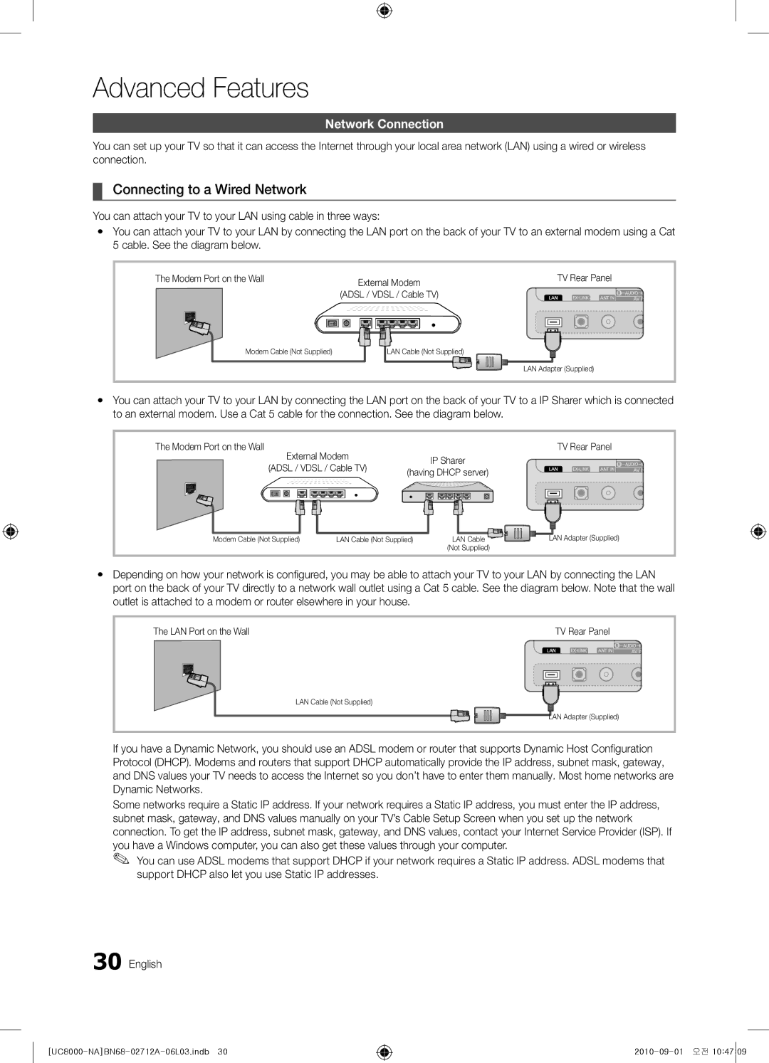 Samsung BN68-02712A-06 Advanced Features, Connecting to a Wired Network, Network Connection, Modem Port on the Wall 