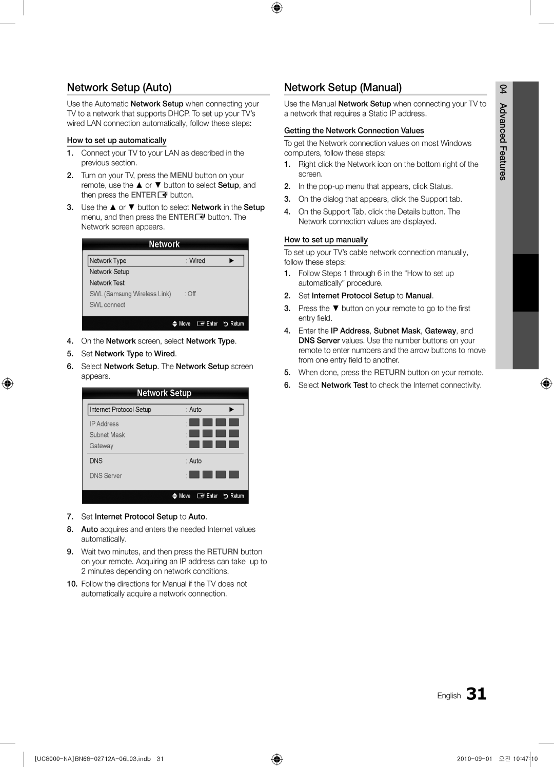 Samsung BN68-02712A-06 user manual Network Setup Auto, Network Setup Manual, Network Type Wired Network Setup Network Test 