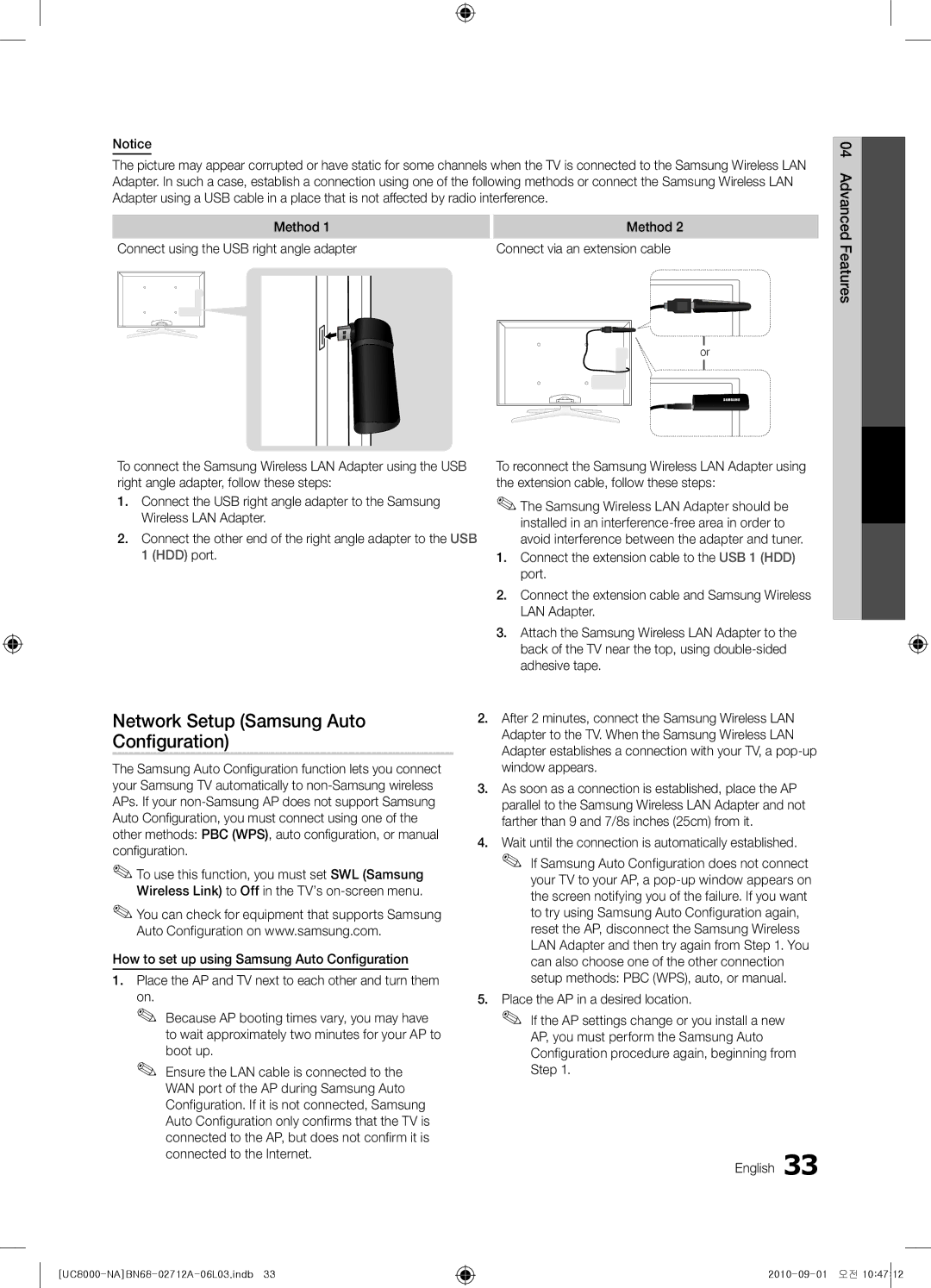 Samsung BN68-02712A-06 user manual Network Setup Samsung Auto Configuration, Boot up, Connect via an extension cable 