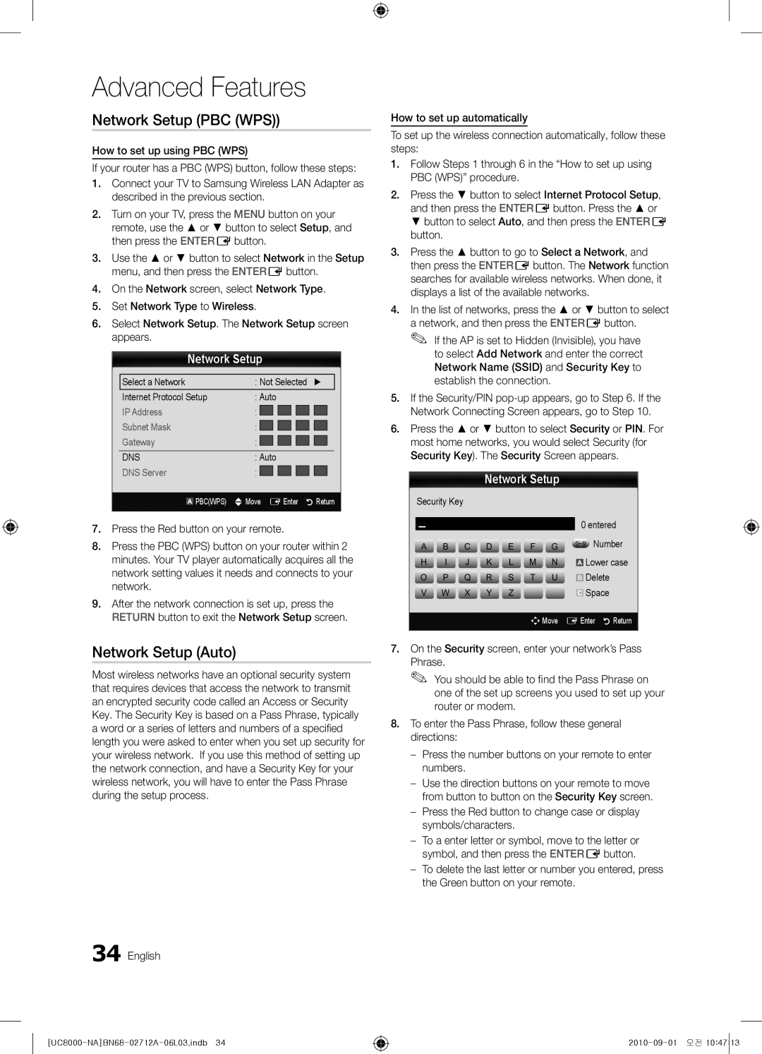 Samsung BN68-02712A-06 user manual Network Setup PBC WPS, Security Key Entered ~9 Number, Delete 