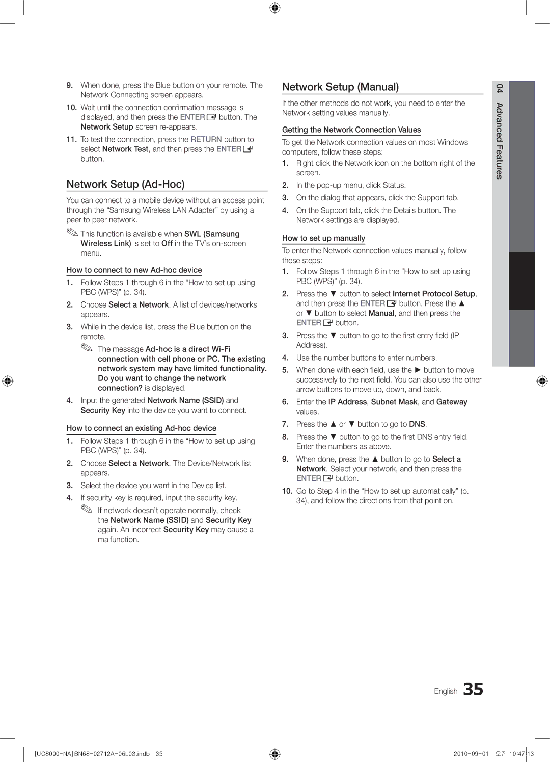 Samsung BN68-02712A-06 user manual Network Setup Ad-Hoc, English Advanced Features 