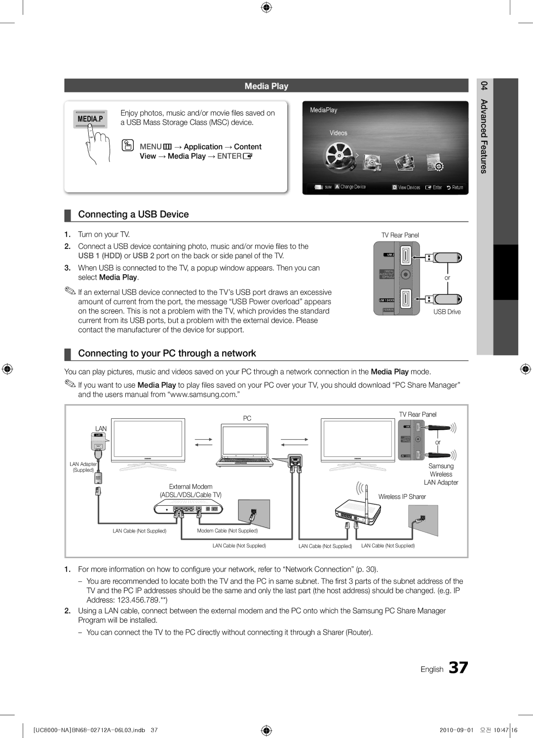 Samsung BN68-02712A-06 user manual Connecting a USB Device, Connecting to your PC through a network 