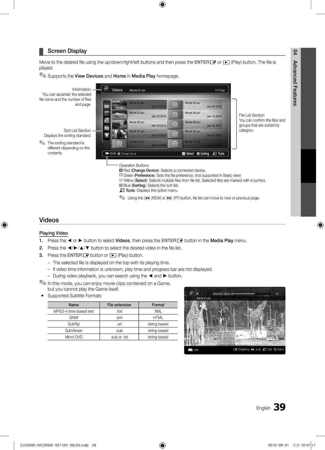 Samsung BN68-02712A-06 Videos, Screen Display, Features, Sorting standard is different depending on the contents 