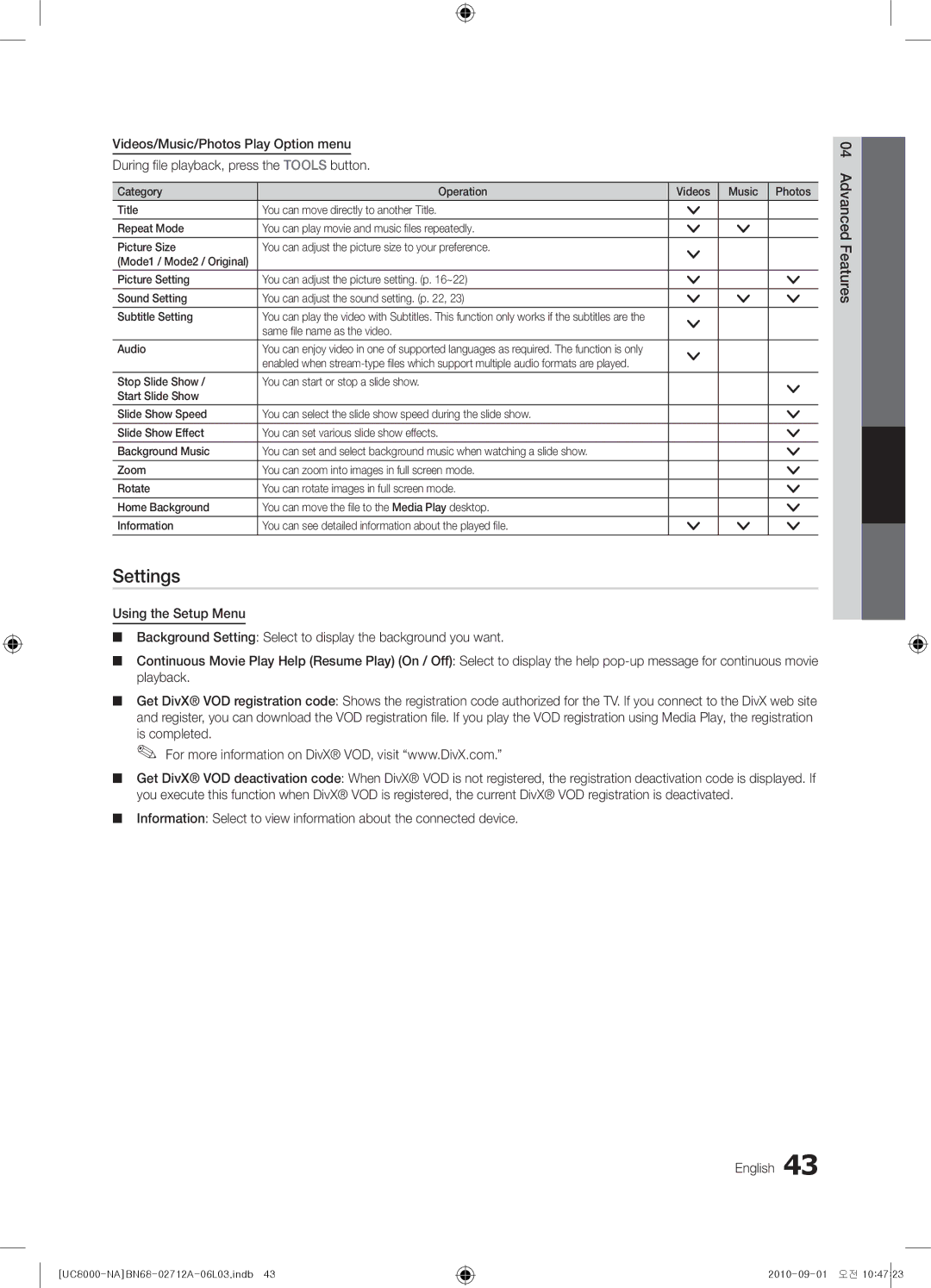 Samsung BN68-02712A-06 user manual Settings, Videos/Music/Photos Play Option menu, Press the Tools button 