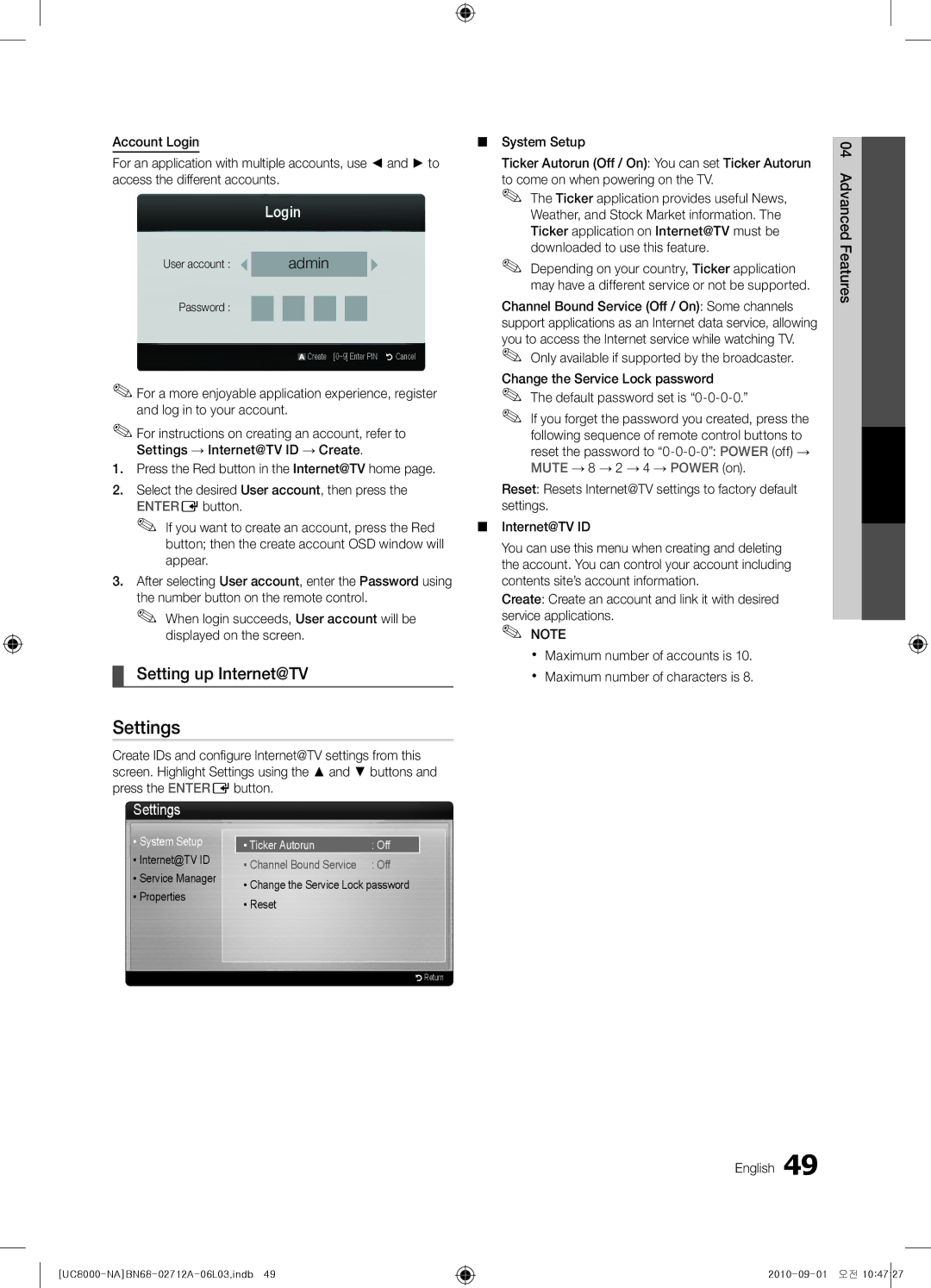 Samsung BN68-02712A-06 user manual Setting up Internet@TV, Login, Default password set is 