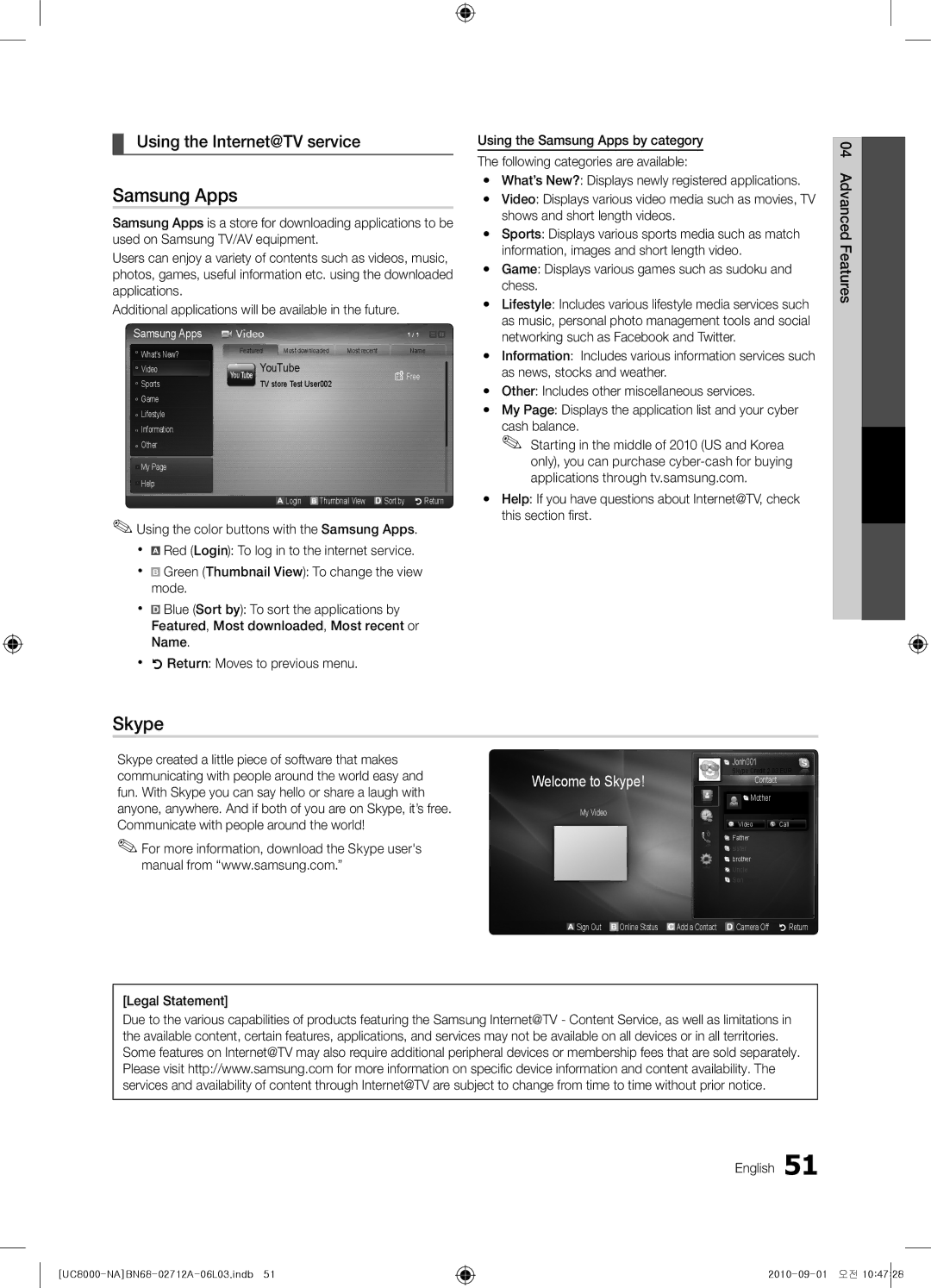 Samsung BN68-02712A-06 user manual Samsung Apps, Skype, Using the Internet@TV service, Legal Statement English 