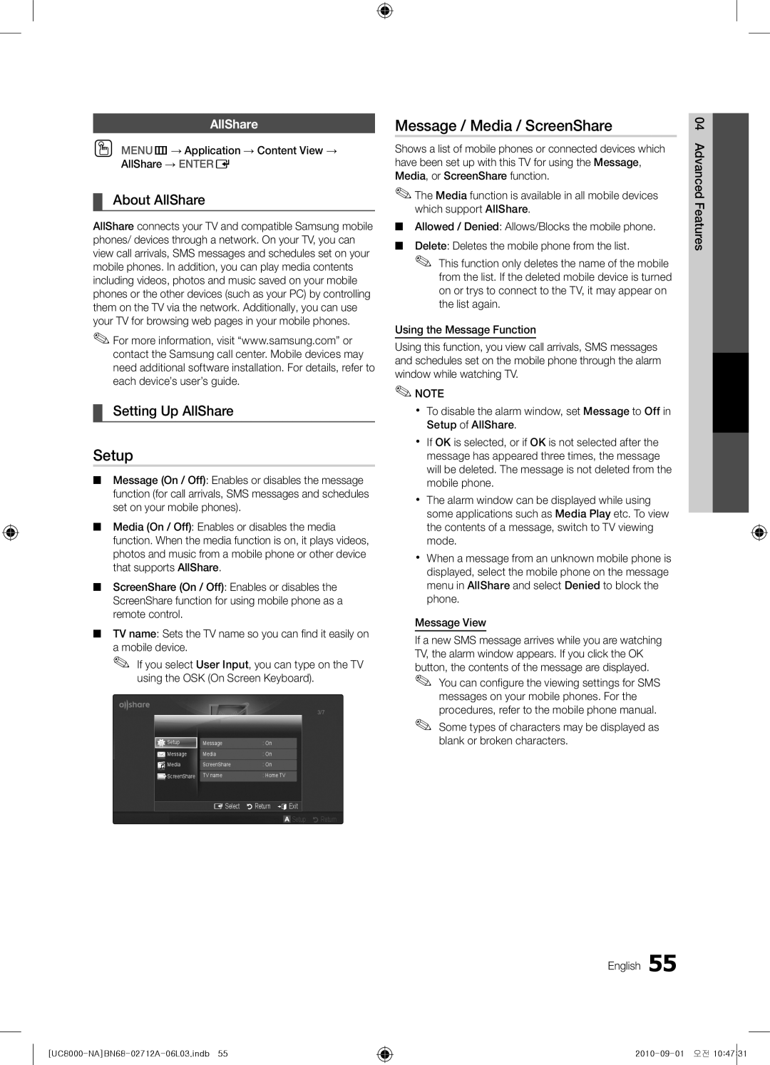 Samsung BN68-02712A-06 user manual Setup, Message / Media / ScreenShare, About AllShare, Setting Up AllShare 