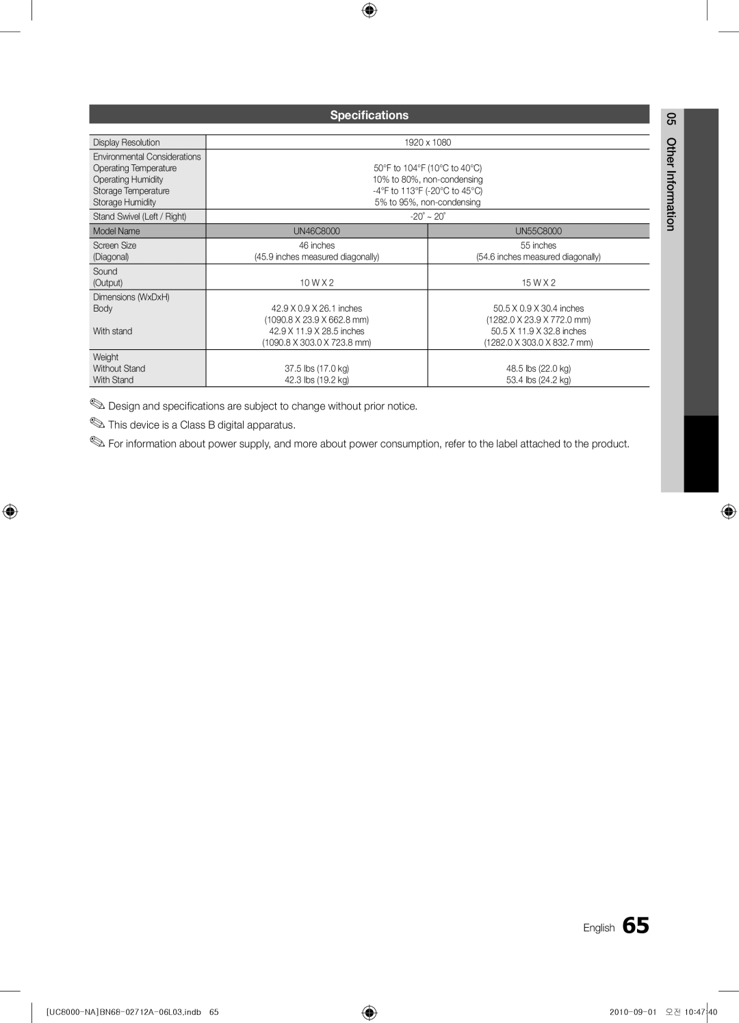 Samsung BN68-02712A-06 user manual Specifications, English Other Information 