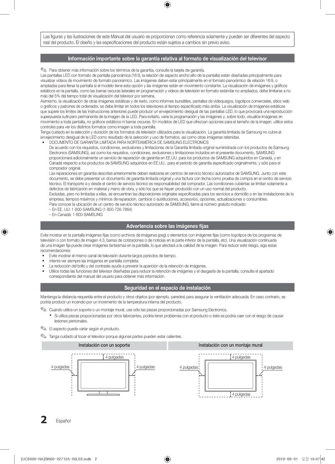 Samsung BN68-02712A-06 user manual Advertencia sobre las imágenes fijas, Seguridad en el espacio de instalación 