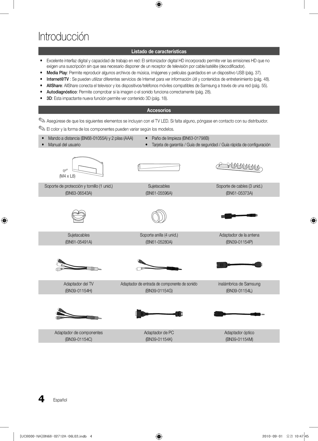 Samsung BN68-02712A-06 user manual Introducción, Listado de características, Accesorios, Paño de limpieza BN63-01798B 