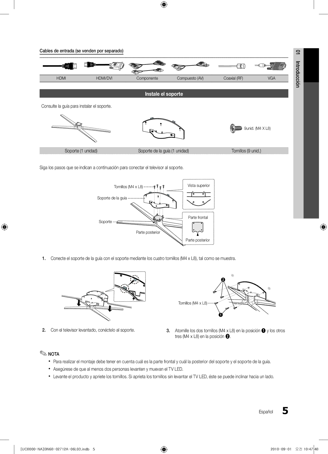 Samsung BN68-02712A-06 user manual Instale el soporte, Cables de entrada se venden por separado, Soporte 1 unidad 