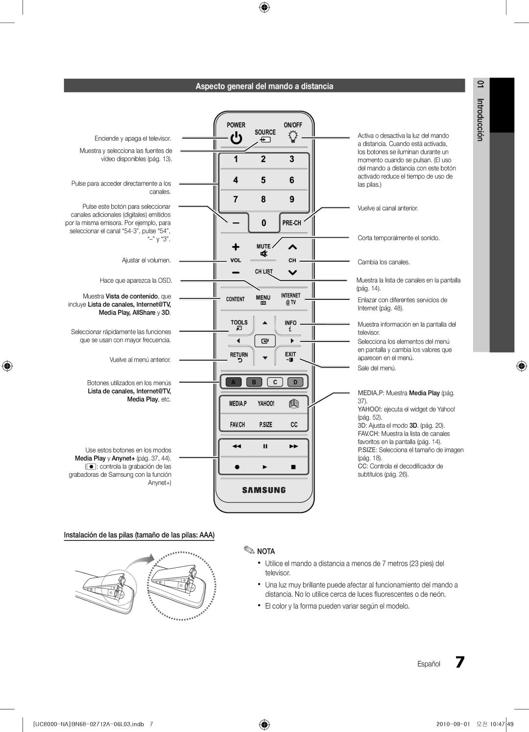 Samsung BN68-02712A-06 user manual Aspecto general del mando a distancia, Instalación de las pilas tamaño de las pilas AAA 