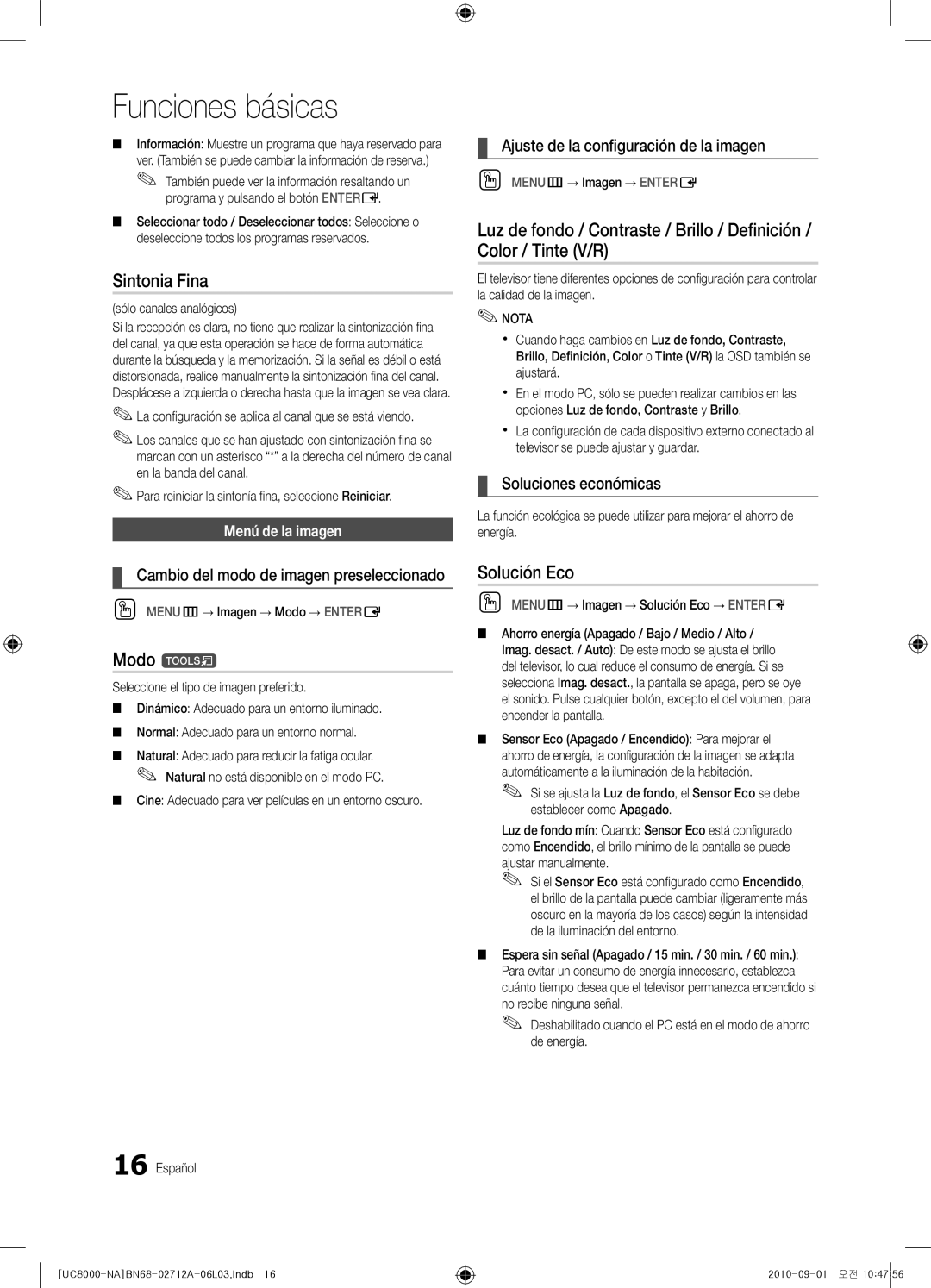 Samsung BN68-02712A-06 user manual Sintonia Fina, Modo t, Solución Eco 