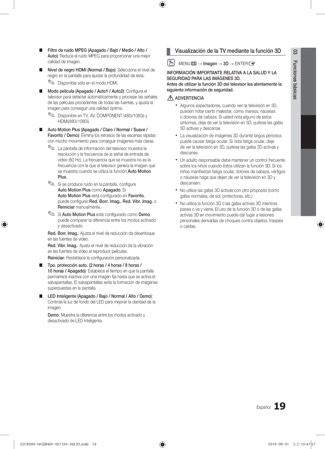 Samsung BN68-02712A-06 user manual Visualización de la TV mediante la función 3D, Disponible sólo en el modo Hdmi 