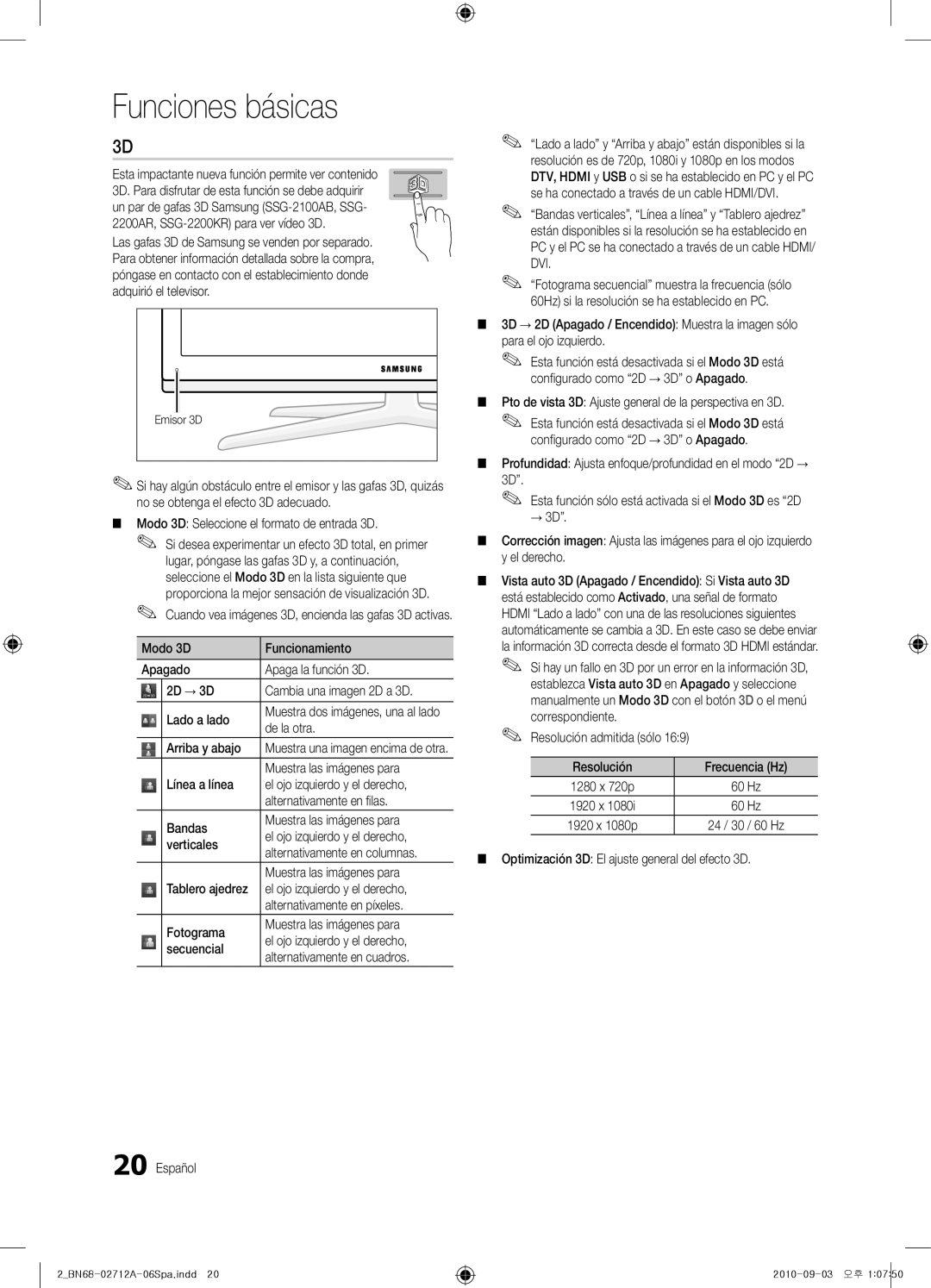 Samsung BN68-02712A-06 Modo 3D Seleccione el formato de entrada 3D, De la otra, Arriba y abajo, Muestra las imágenes para 