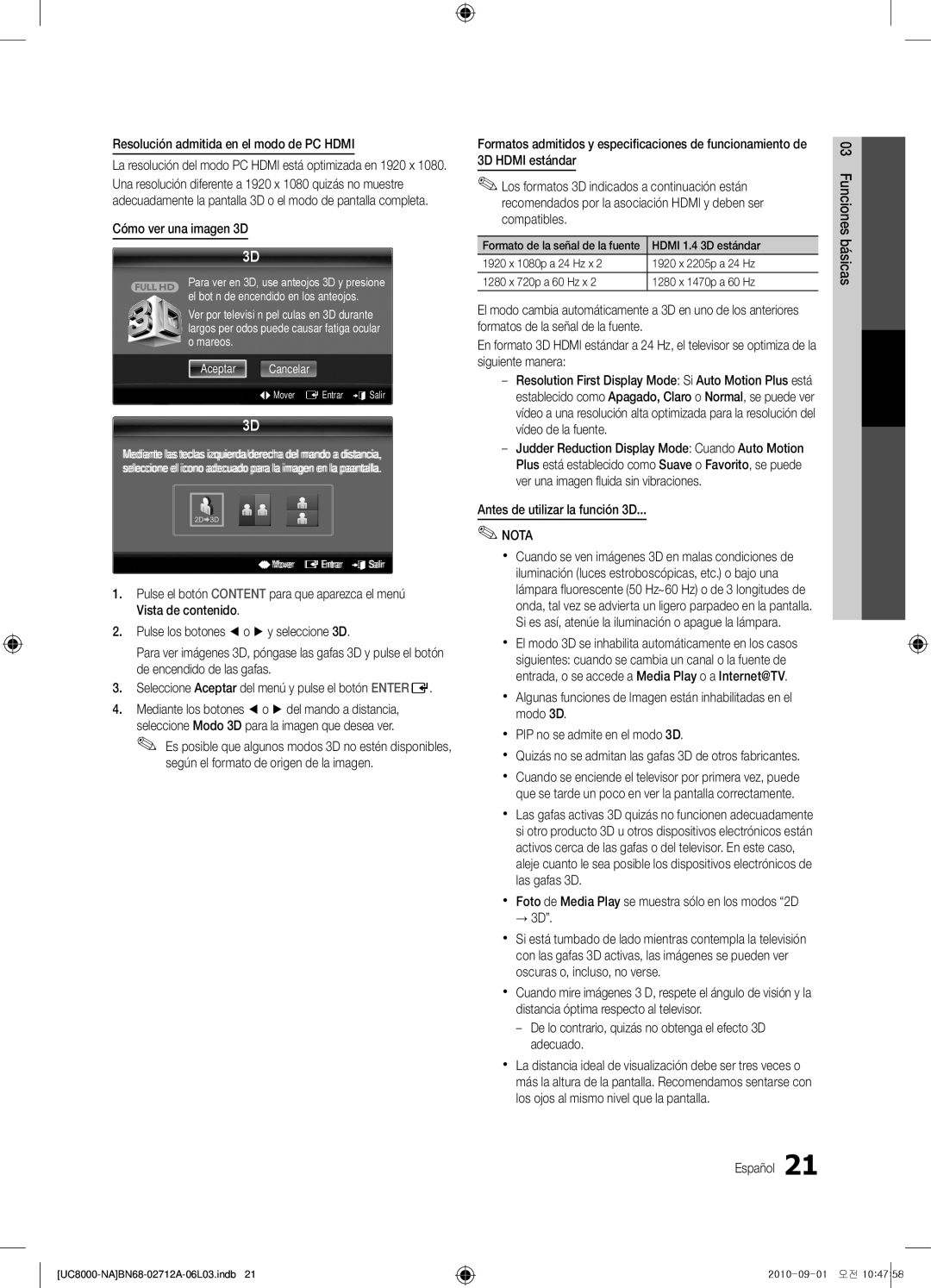 Samsung BN68-02712A-06 Resolución admitida en el modo de PC Hdmi, Cómo ver una imagen 3D, Antes de utilizar la función 3D 