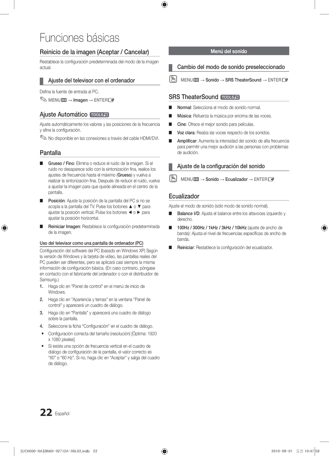 Samsung BN68-02712A-06 user manual Reinicio de la imagen Aceptar / Cancelar, Ajuste Automático t, Pantalla, Ecualizador 