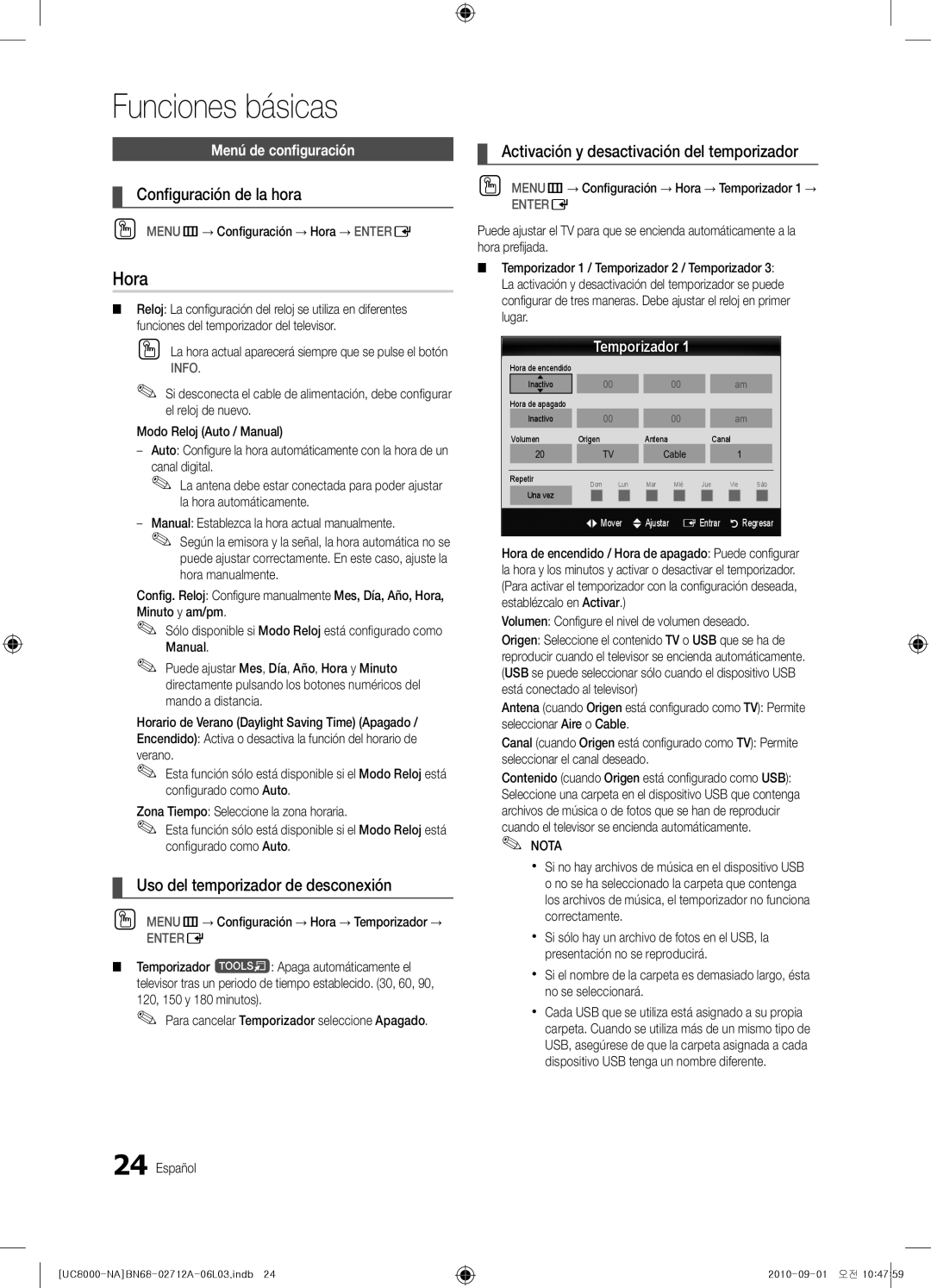 Samsung BN68-02712A-06 user manual Hora, Configuración de la hora, Uso del temporizador de desconexión 