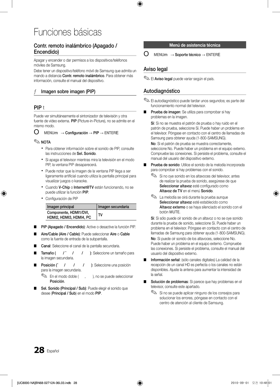 Samsung BN68-02712A-06 user manual Contr. remoto inalámbrico Apagado / Encendido, Aviso legal, Autodiagnóstico 