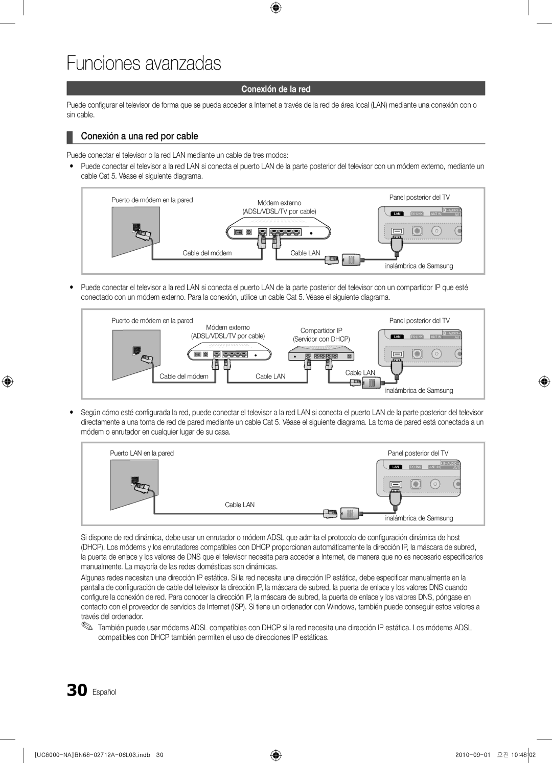 Samsung BN68-02712A-06 user manual Funciones avanzadas, Conexión a una red por cable, Conexión de la red 