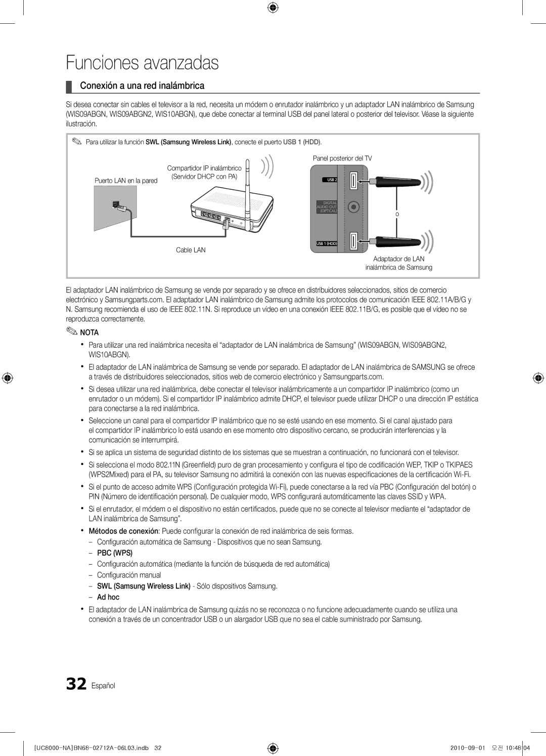 Samsung BN68-02712A-06 user manual Conexión a una red inalámbrica, Cable LAN Adaptador de LAN Inalámbrica de Samsung 