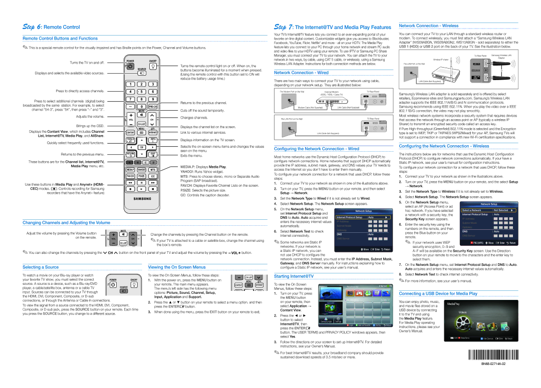 Samsung BN68-02714A-02, UC6400 setup guide Remote Control, Internet@TV and Media Play Features 