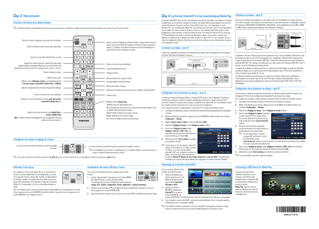 Samsung BN68-02714F-02 Touches et fonctions de la télécommande, Connexion au réseau sans fil, Connexion au réseau avec fil 