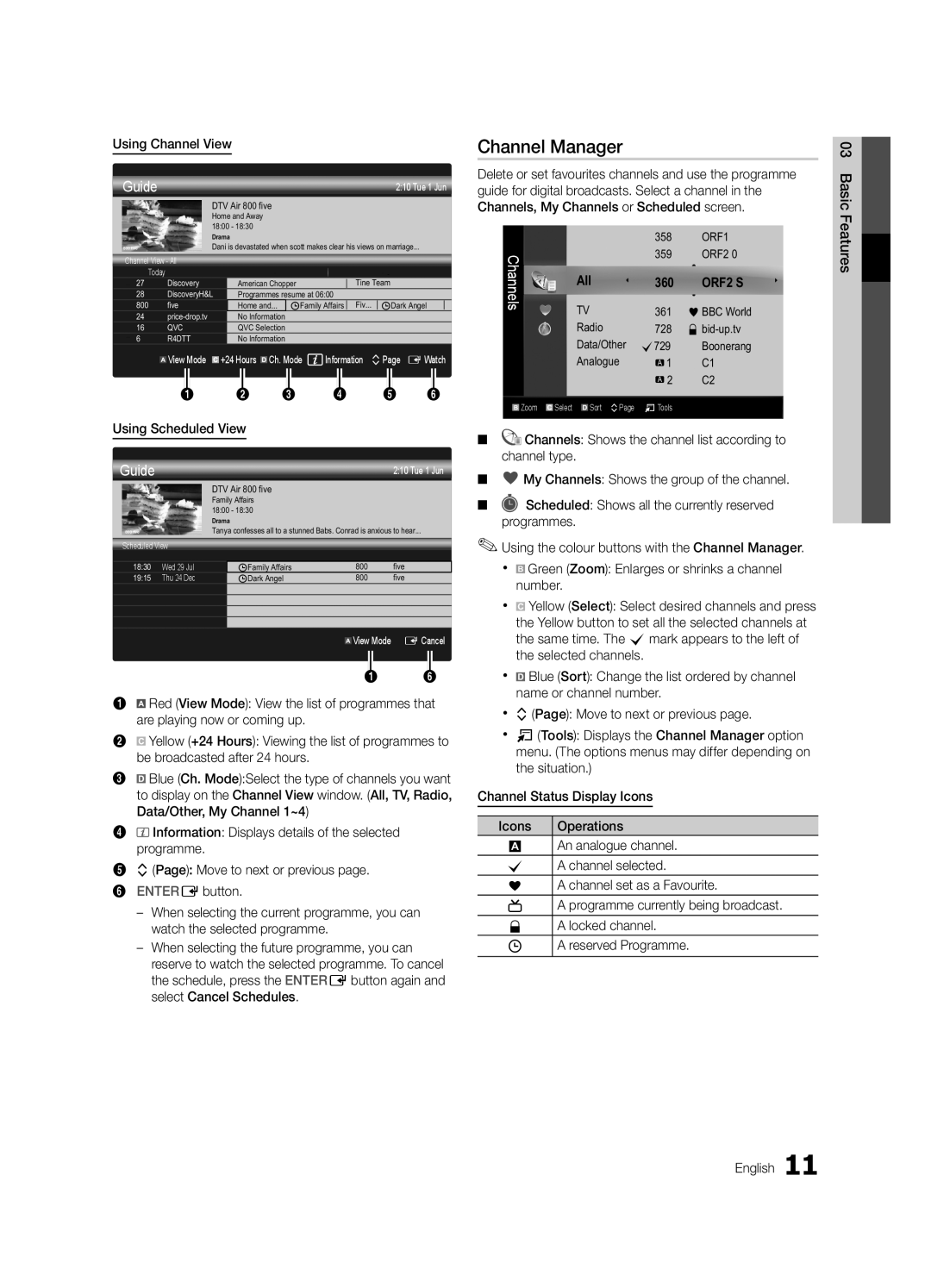 Samsung BN68-02727A-00 user manual Channel Manager, Guide, Using Channel View, Basic Features English 