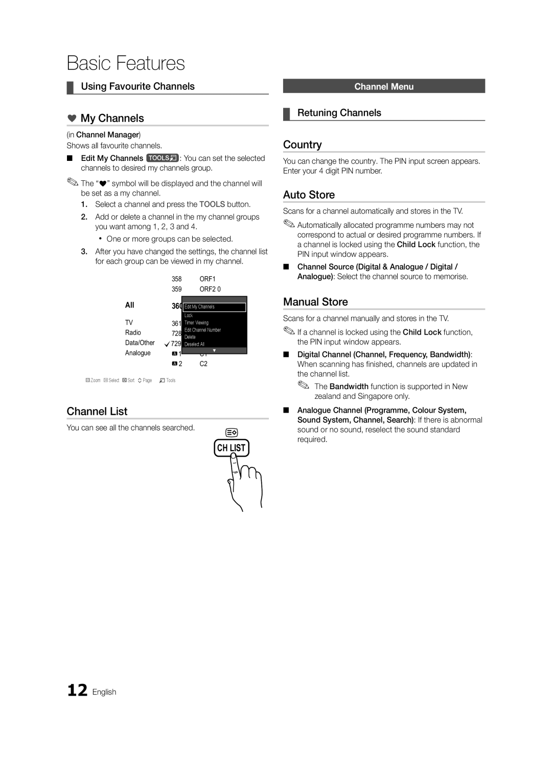 Samsung BN68-02727A-00 user manual My Channels, Channel List, Country, Auto Store, Manual Store 