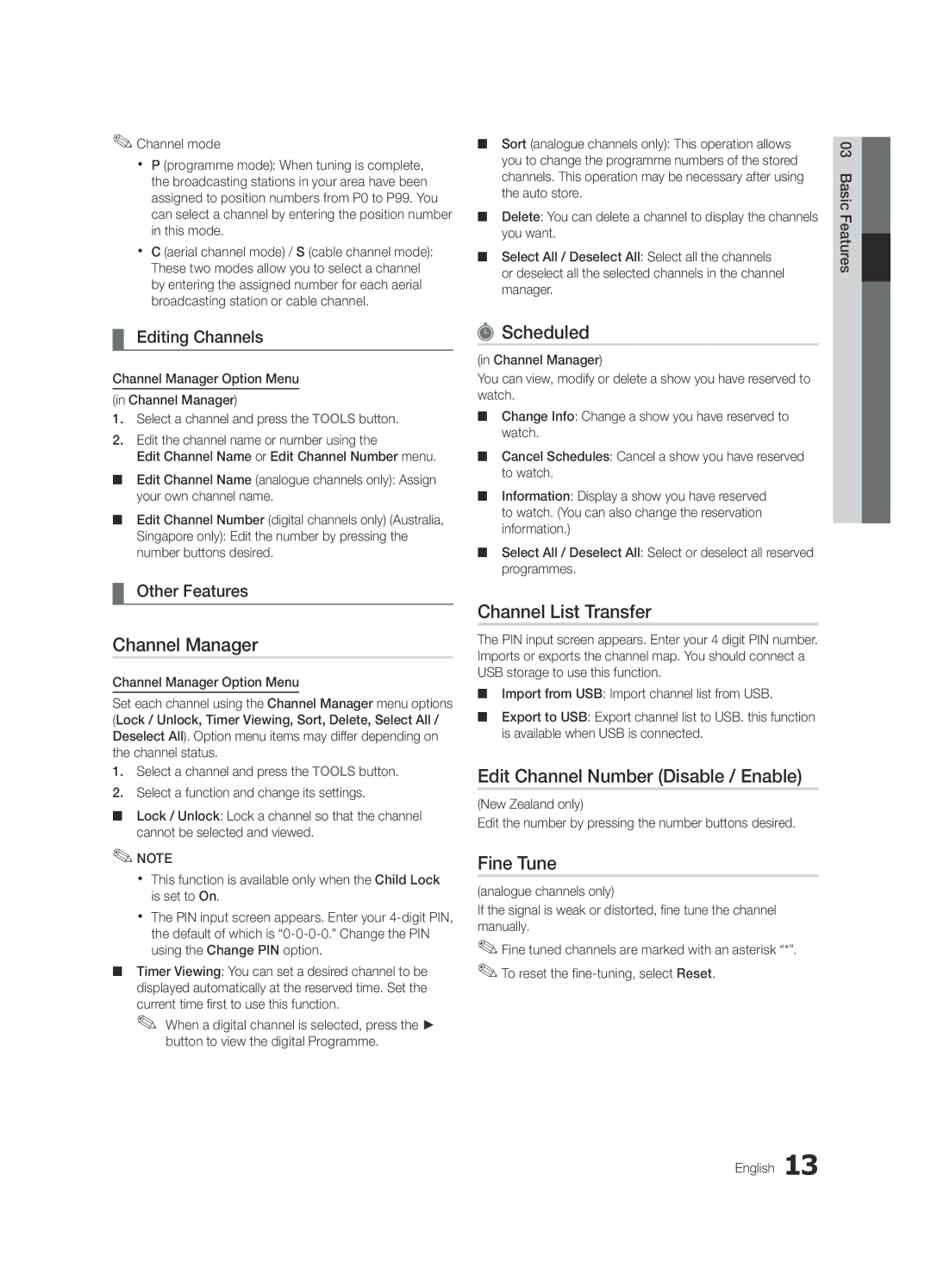 Samsung BN68-02727A-00 user manual Scheduled, Channel List Transfer, Edit Channel Number Disable / Enable, Fine Tune 