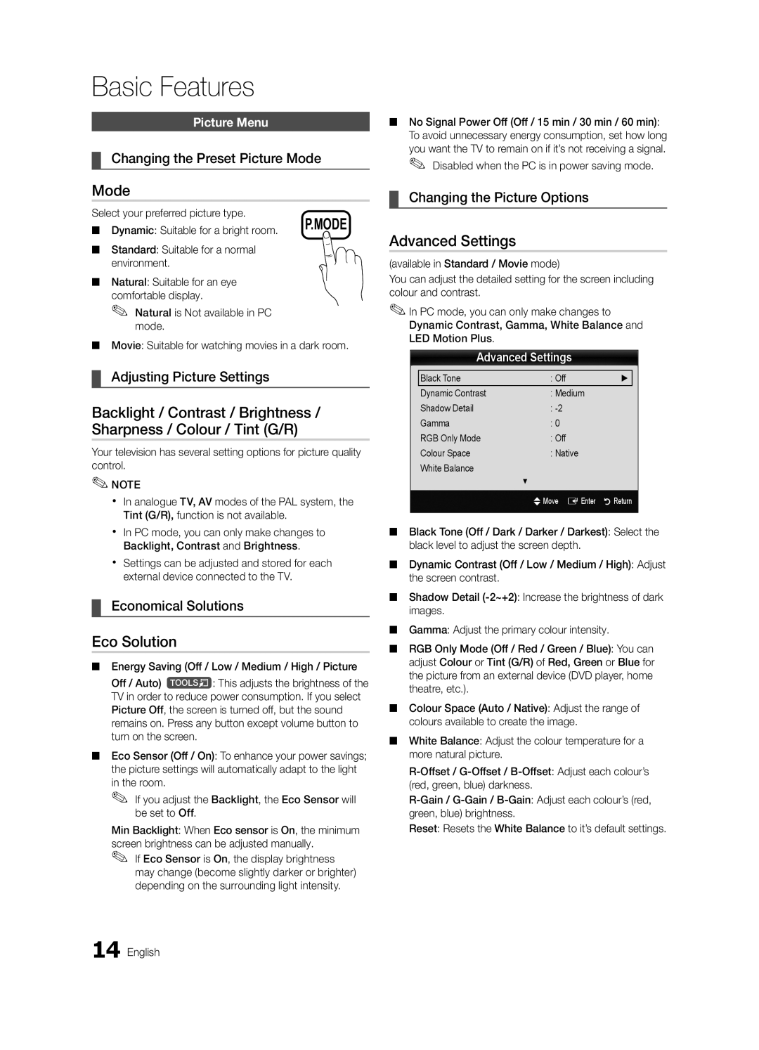 Samsung BN68-02727A-00 user manual Mode, Eco Solution, Advanced Settings 