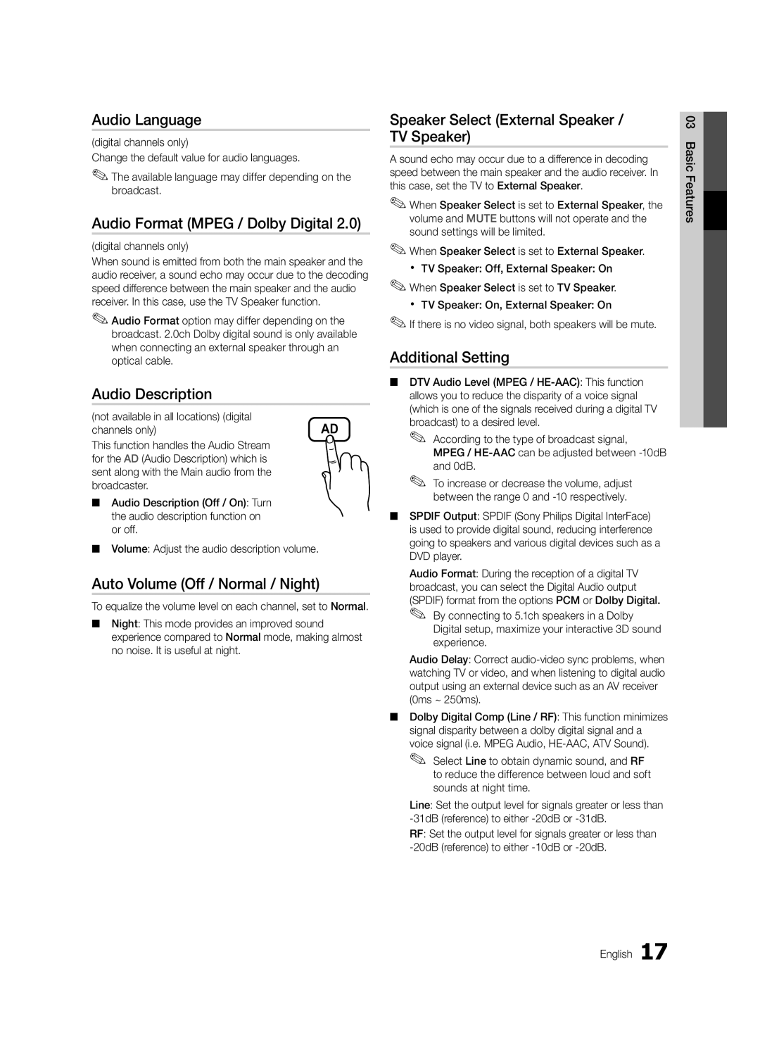 Samsung BN68-02727A-00 user manual Audio Language, Audio Format Mpeg / Dolby Digital, Audio Description, Additional Setting 