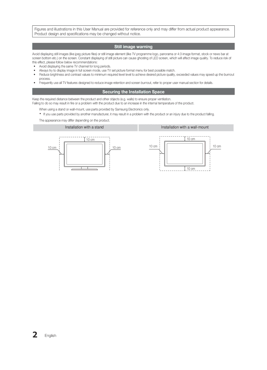 Samsung BN68-02727A-00 user manual Still image warning, Securing the Installation Space, Installation with a stand, English 