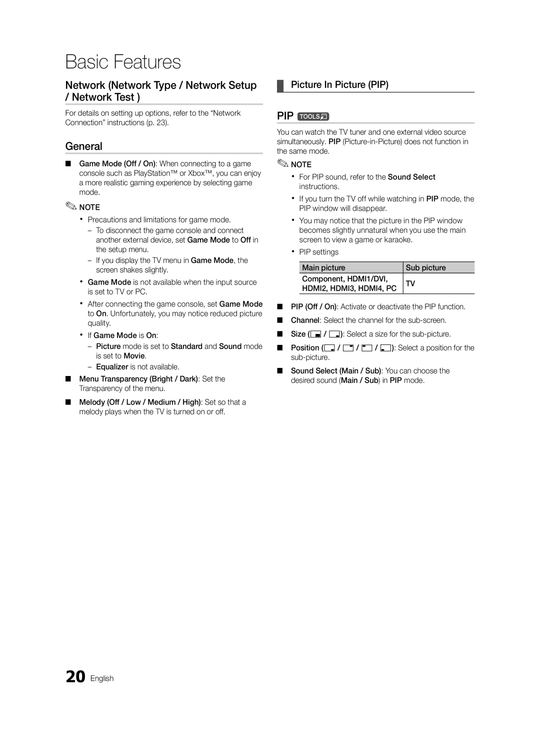 Samsung BN68-02727A-00 Network Network Type / Network Setup / Network Test, General, PIP t, Picture In Picture PIP 