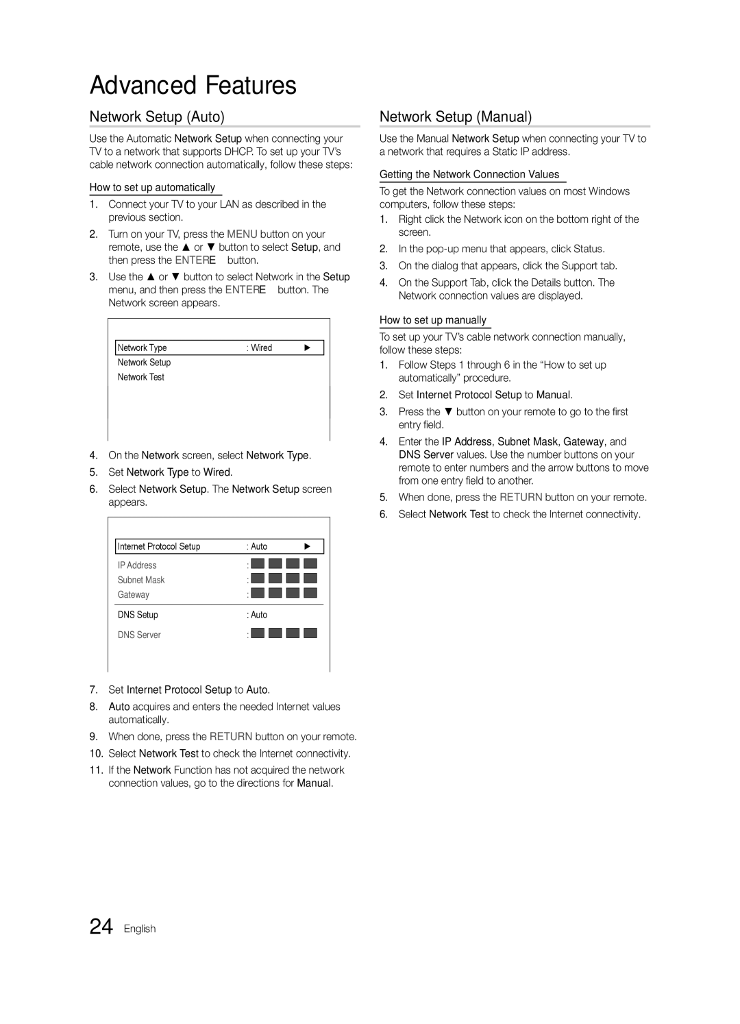 Samsung BN68-02727A-00 user manual Network Setup Auto, Network Setup Manual 