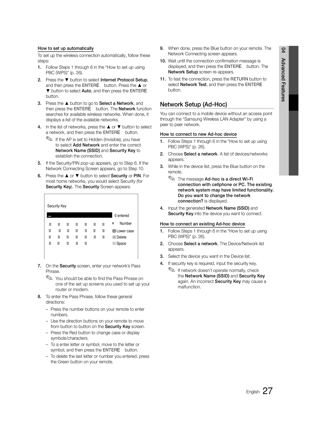 Samsung BN68-02727A-00 user manual Network Setup Ad-Hoc 