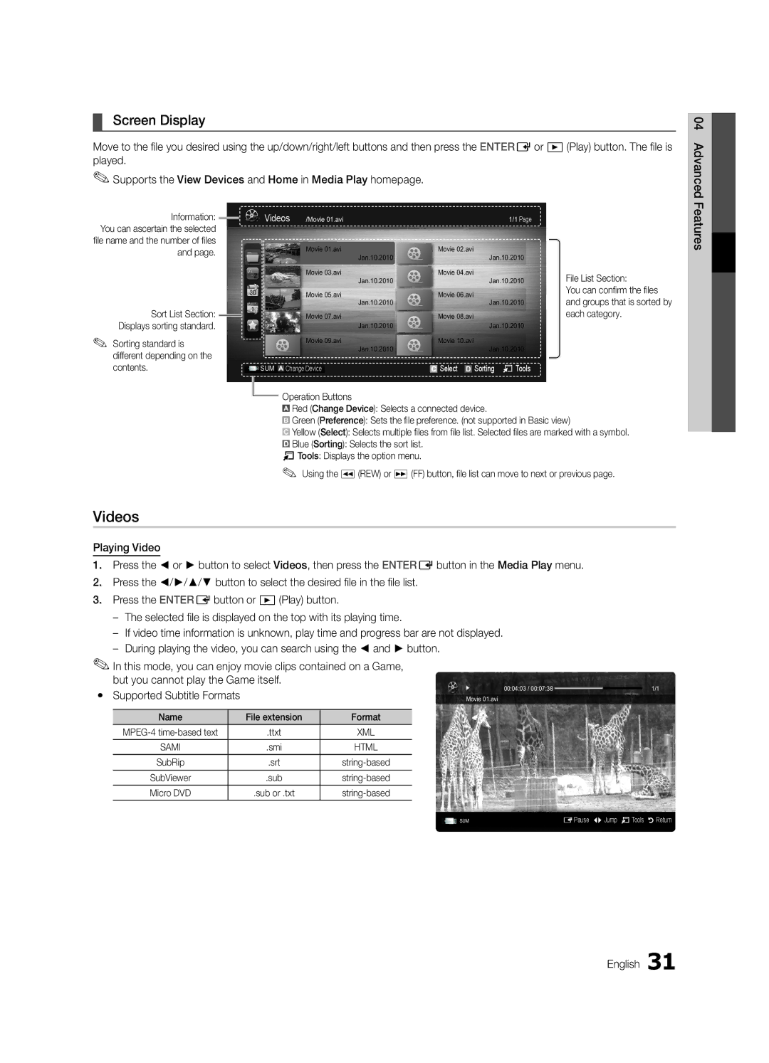 Samsung BN68-02727A-00 user manual Videos, Screen Display, Features 