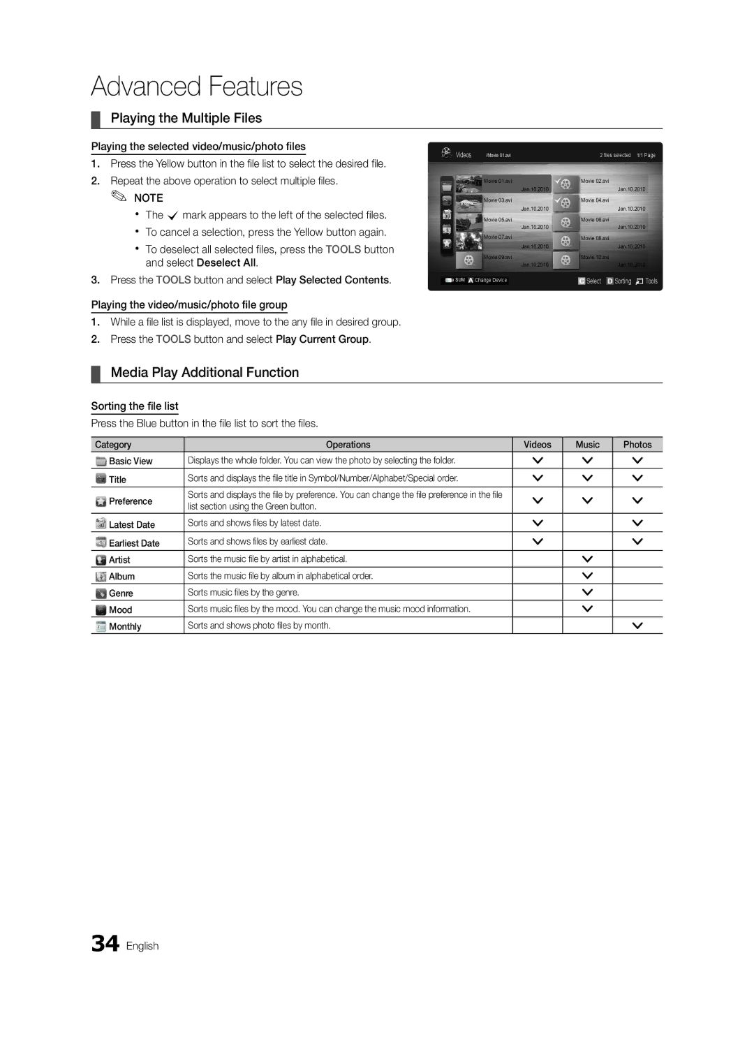 Samsung BN68-02727A-00 user manual Playing the Multiple Files, Media Play Additional Function 