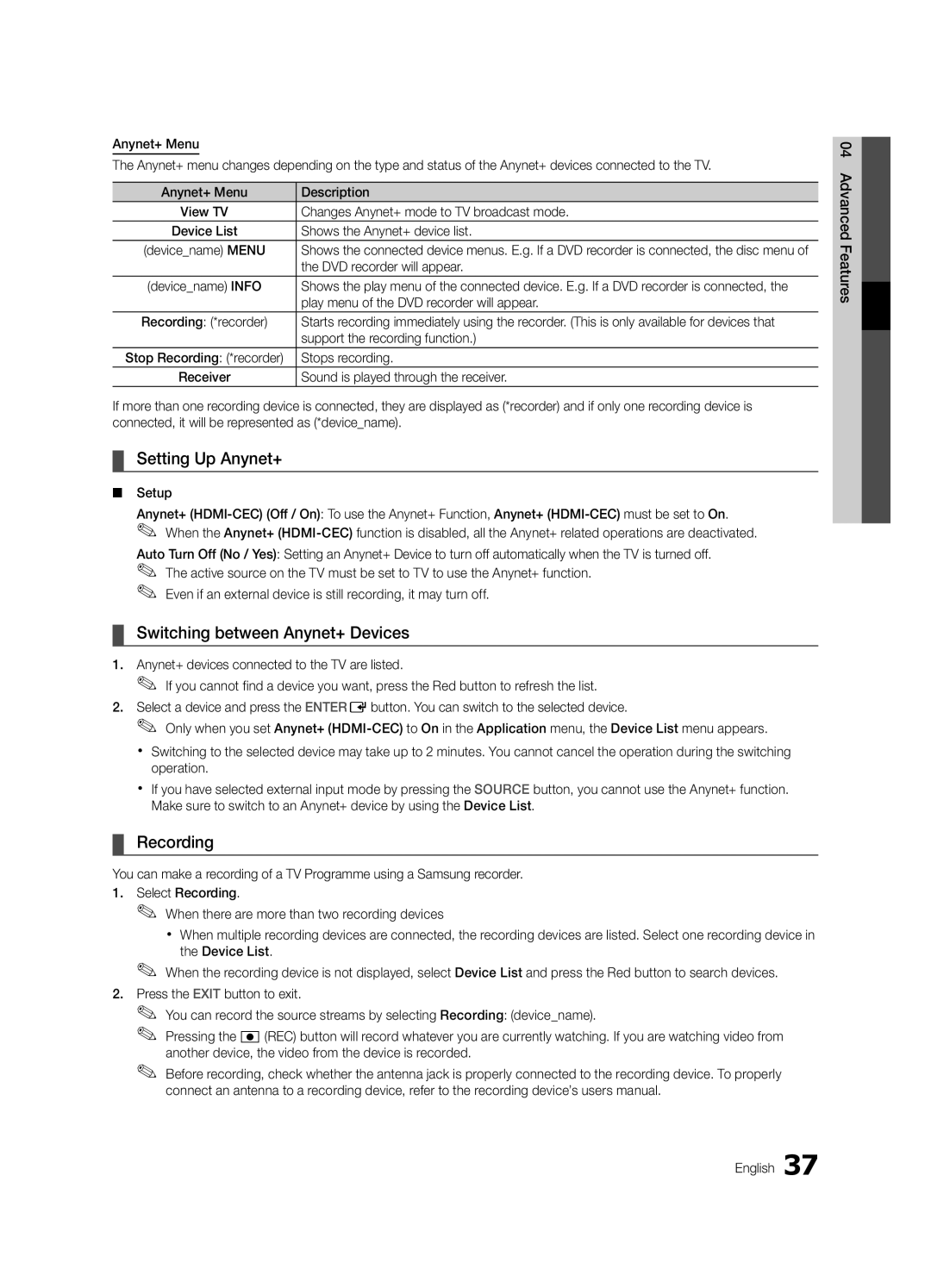 Samsung BN68-02727A-00 user manual Setting Up Anynet+, Switching between Anynet+ Devices, Recording 