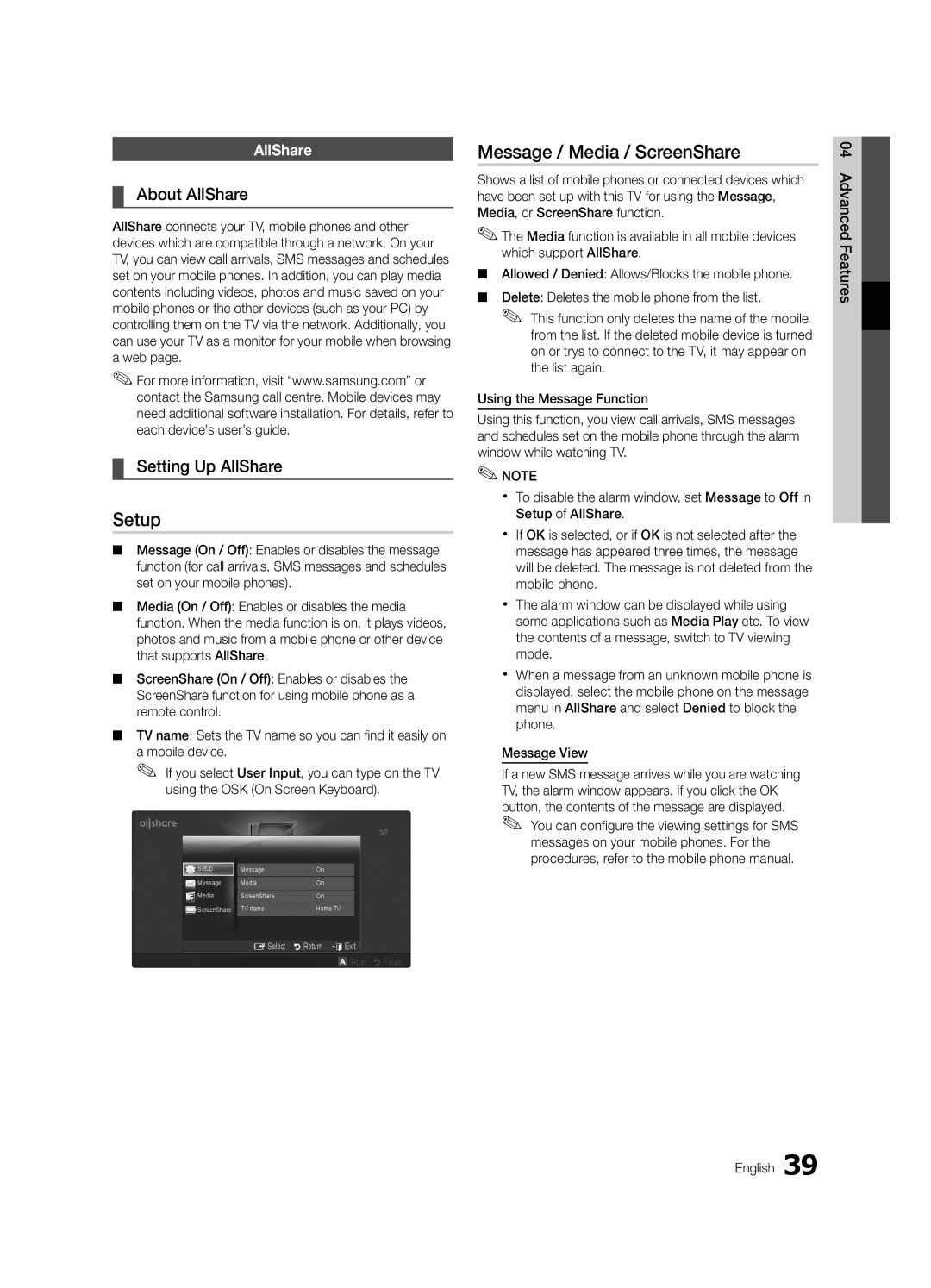 Samsung BN68-02727A-00 user manual Setup, Message / Media / ScreenShare, About AllShare, Setting Up AllShare 