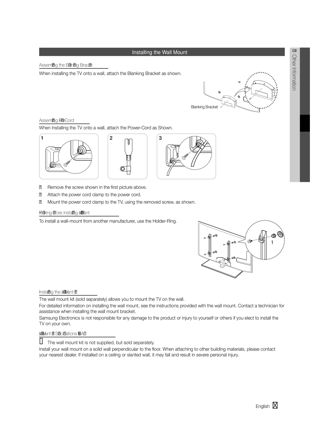 Samsung BN68-02727A-00 user manual Installing the Wall Mount, Other Information English 