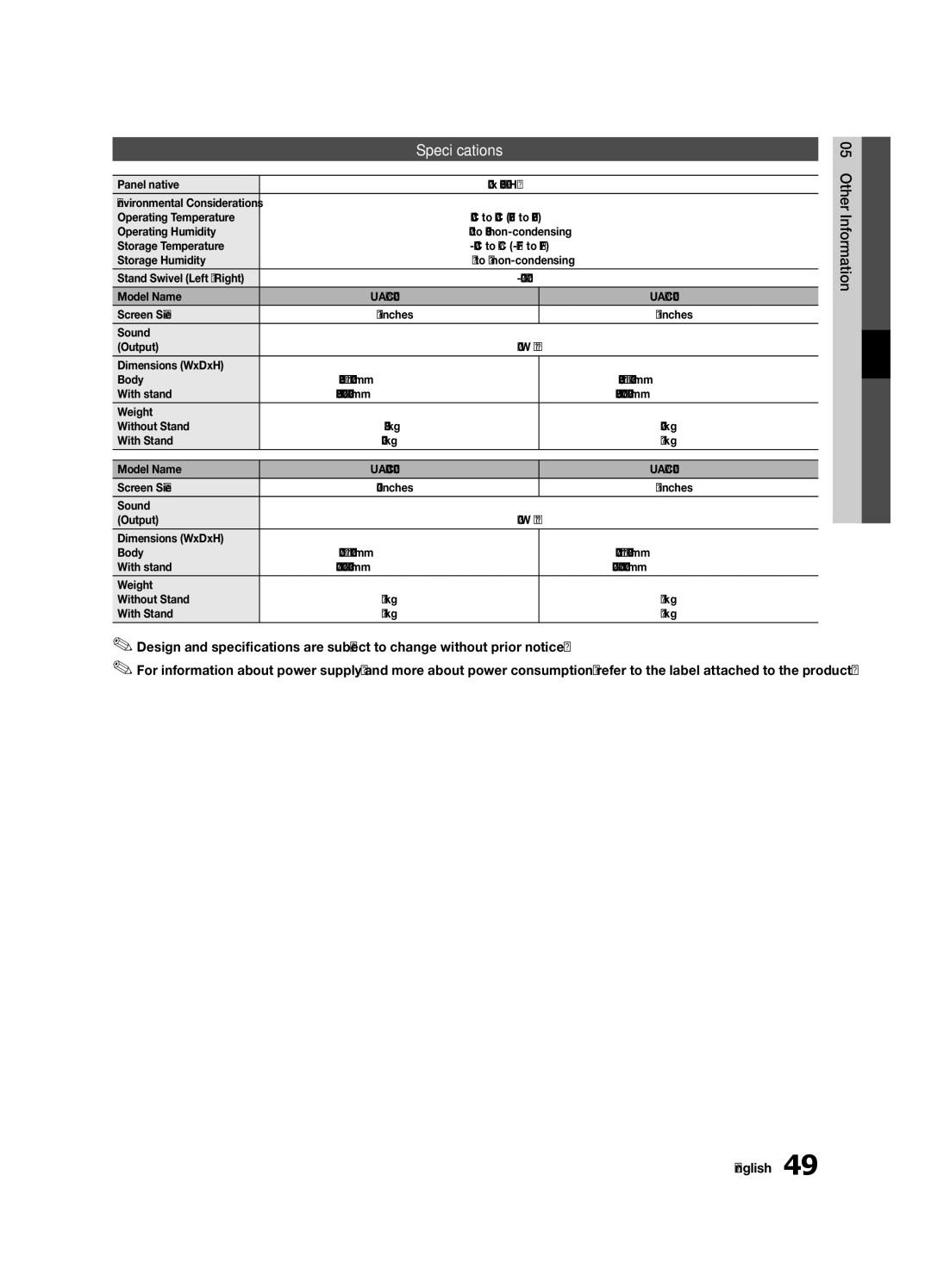 Samsung BN68-02727A-00 user manual Specifications 