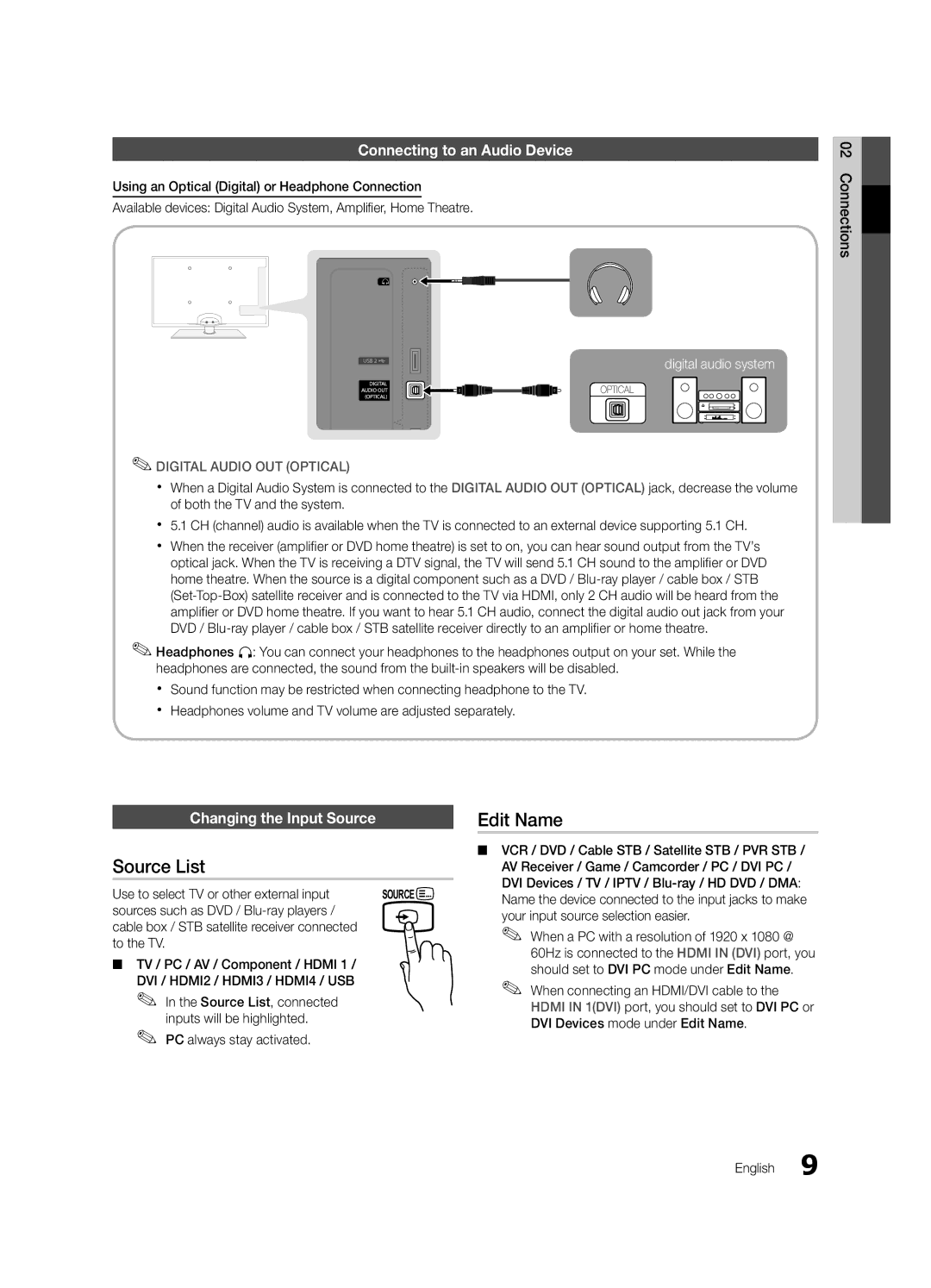 Samsung BN68-02727A-00 user manual Source List, Edit Name, Connecting to an Audio Device, Changing the Input Source 