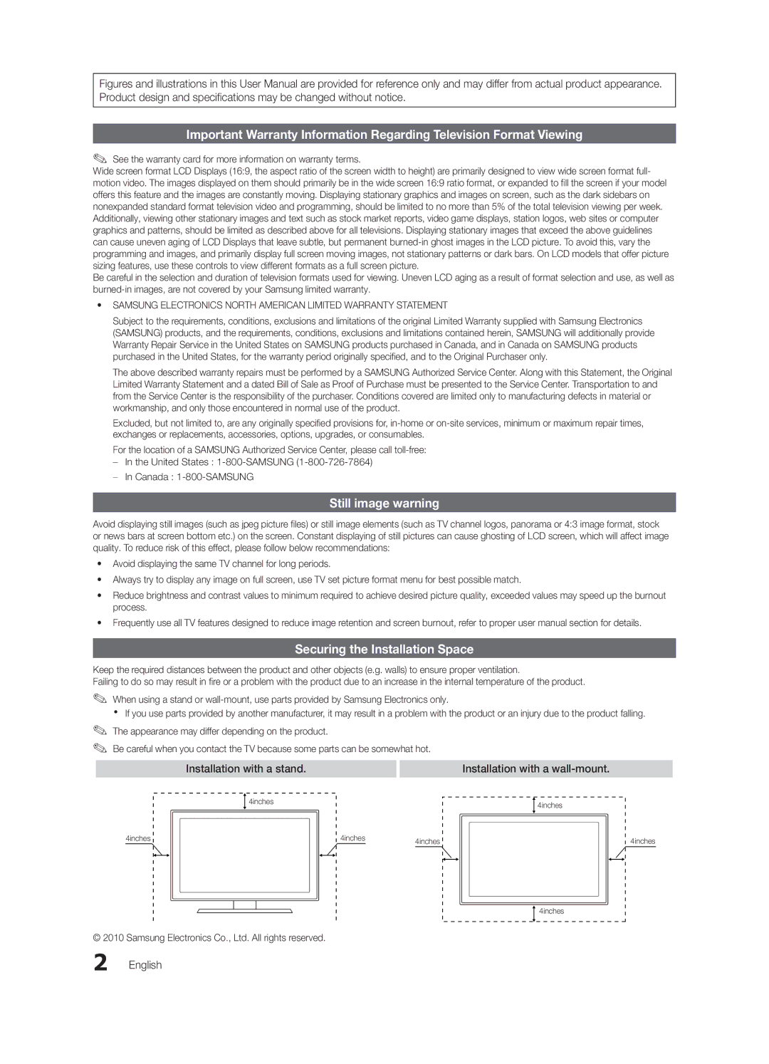 Samsung BN68-02756A-04, LC540-ZA Still image warning, Securing the Installation Space, Installation with a stand, English 