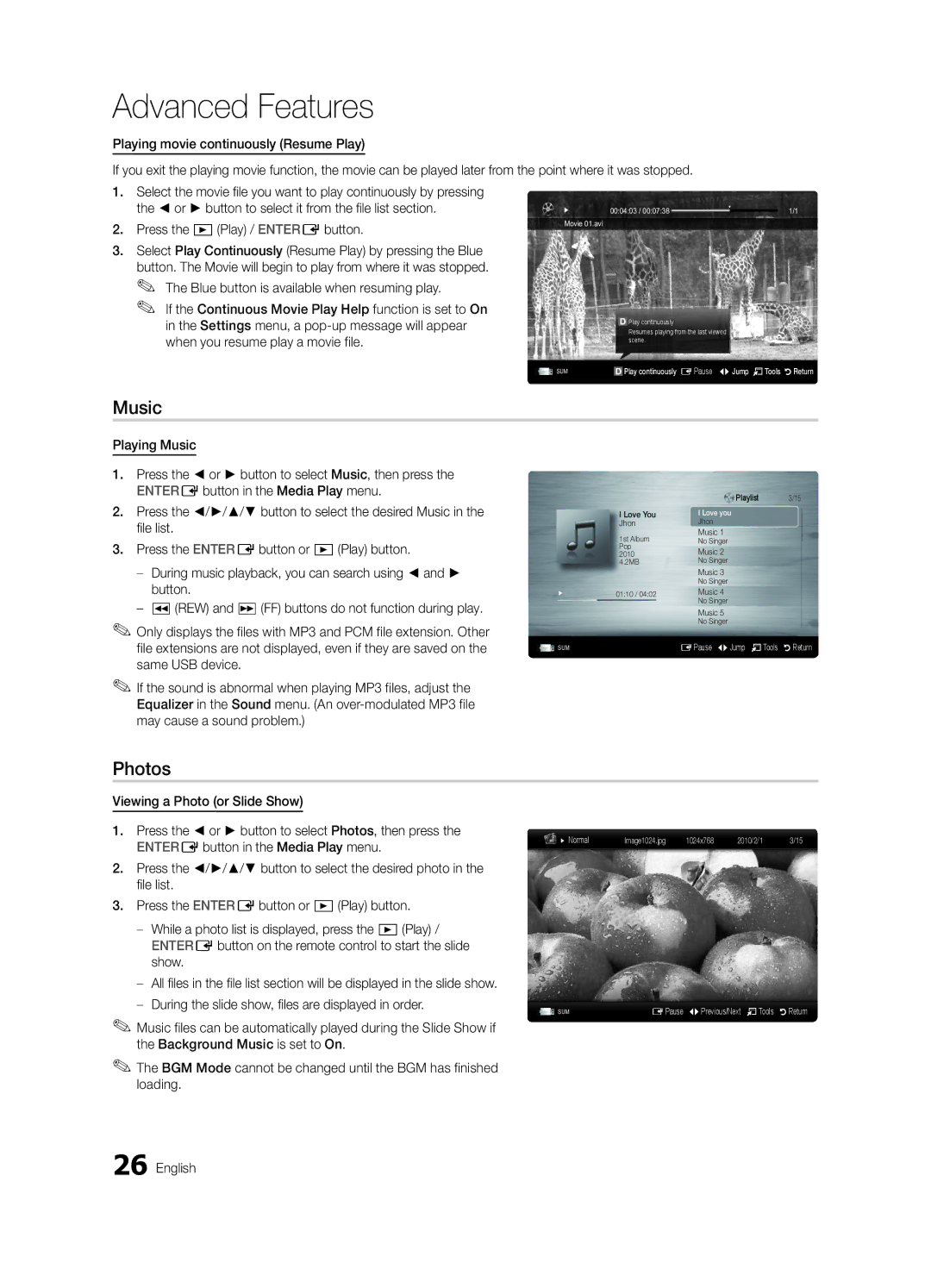 Samsung BN68-02756A-04, LC540-ZA user manual Music, Photos 