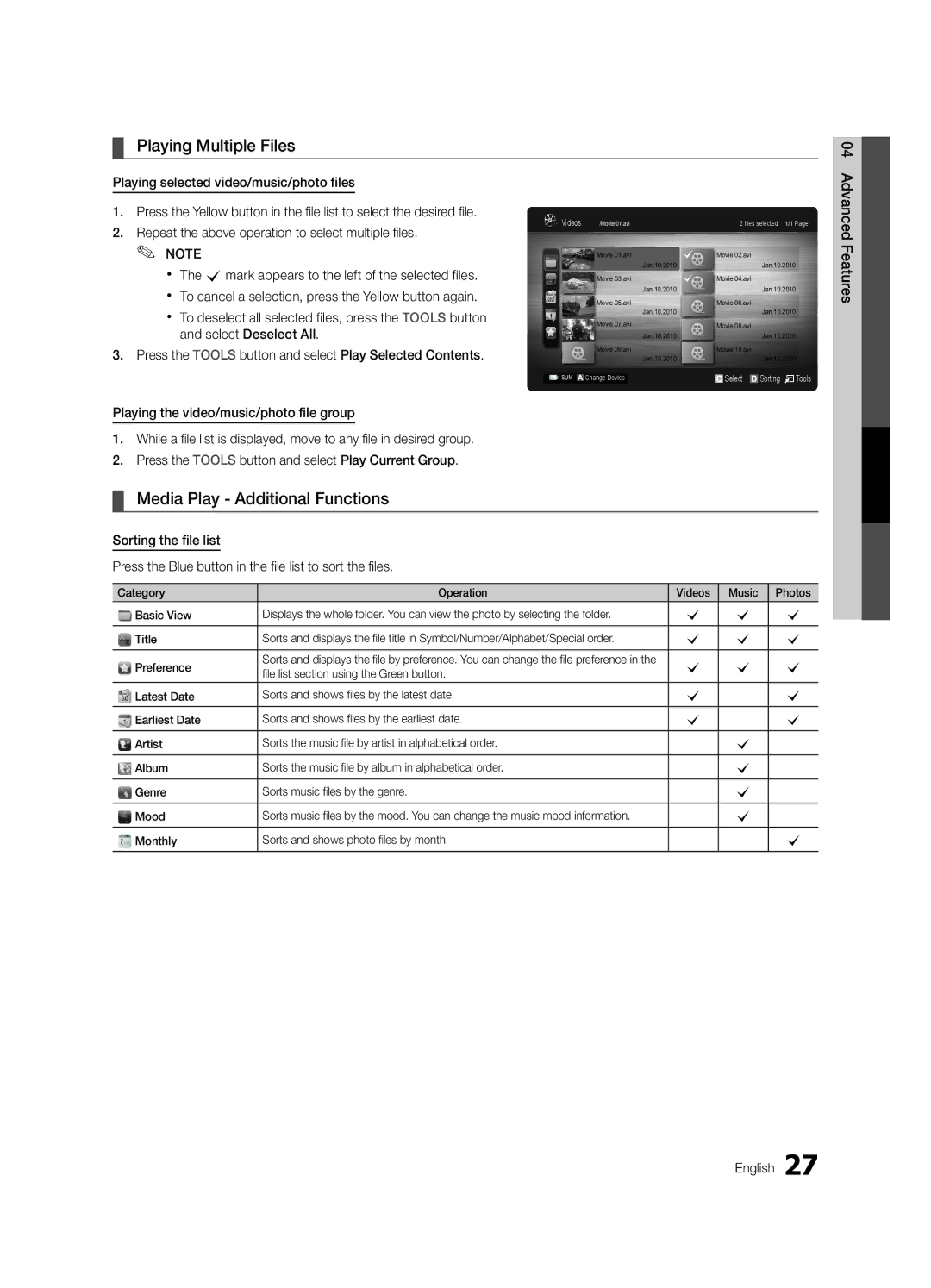 Samsung LC540-ZA Playing Multiple Files, Media Play Additional Functions, Monthly Sorts and shows photo files by month 